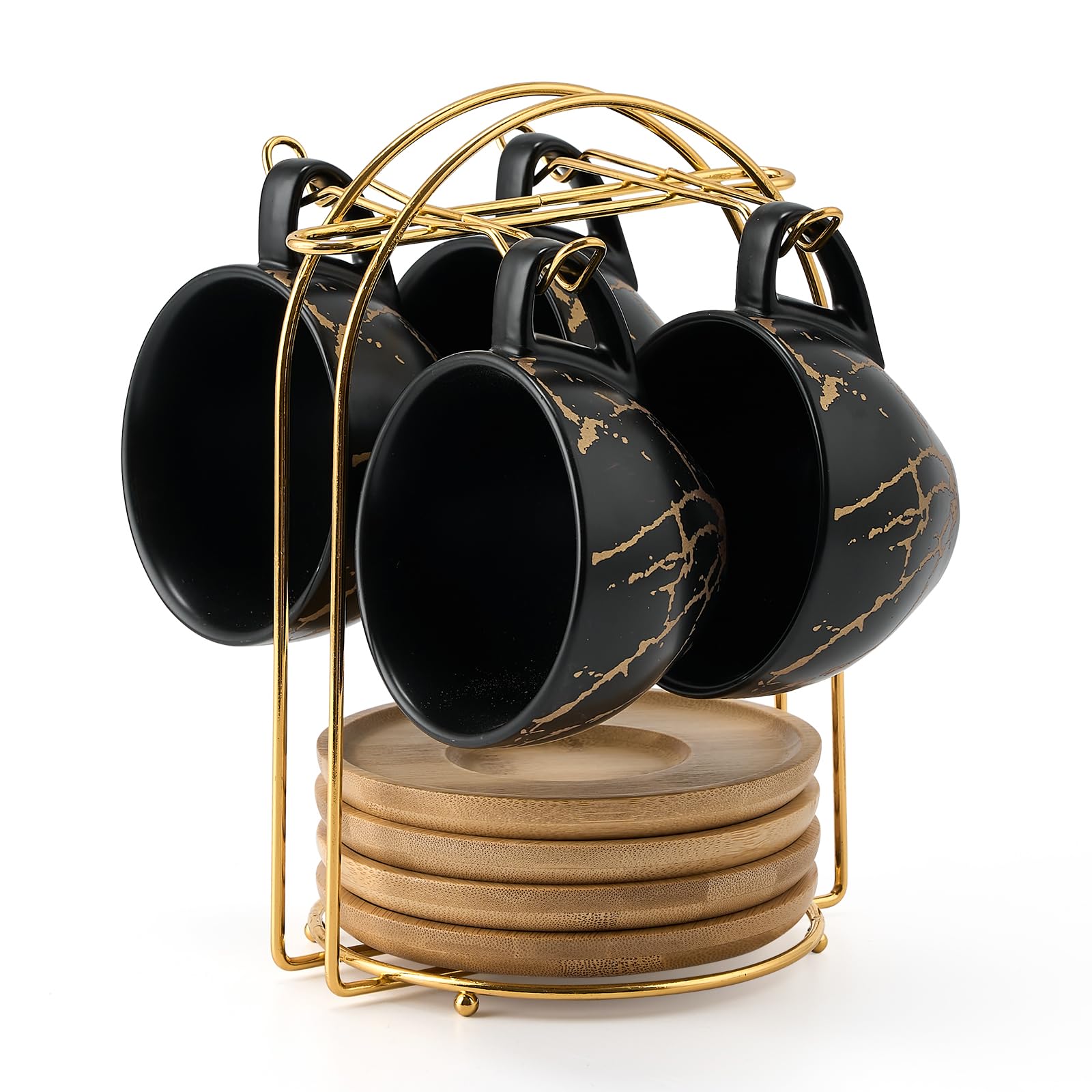 LUKA Ceramic Demitasse Espresso Cups Set with Saucers and Metal Stand, 8 oz Porcelain Stackable Cappuccino Cups Teacup For Tea, 