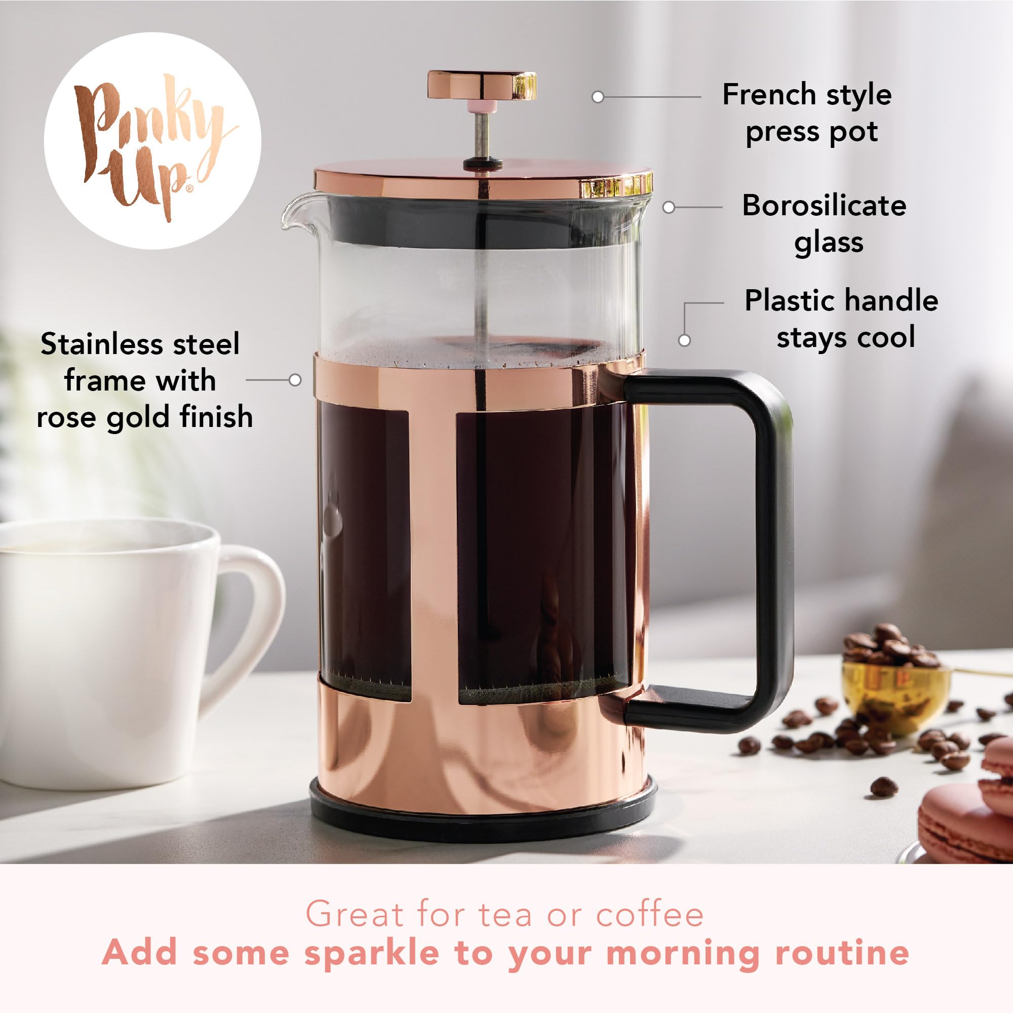 Pinky Up Piper Tea Press Pot - 34 oz Stainless Steel Coffee Maker, Rose Gold for Loose Leaf Tea & Iced Beverages, Model 5805