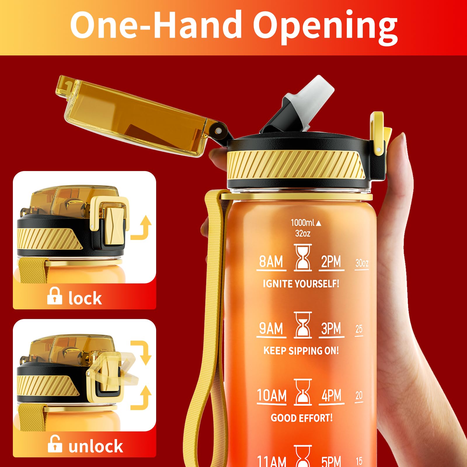 QLUR Water Bottle with Straw  32 oz Motivational Water Bottles with Time Marker to Drink  Tritan BPA Free  1L Sports Water Bottle with Carry Strap LeakProof for Women Men Gym Fitness Outdoor (1 Pack)