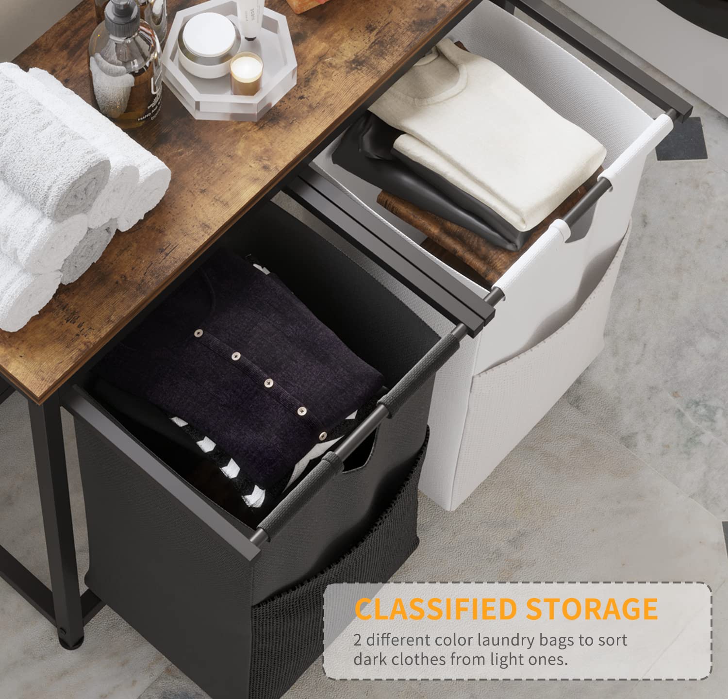 Livehom Laundry Basket Double Laundry Hamper With Removable Bags, Fabric Handles, Large Top Shelf And Laundry Bag For Bathroom,