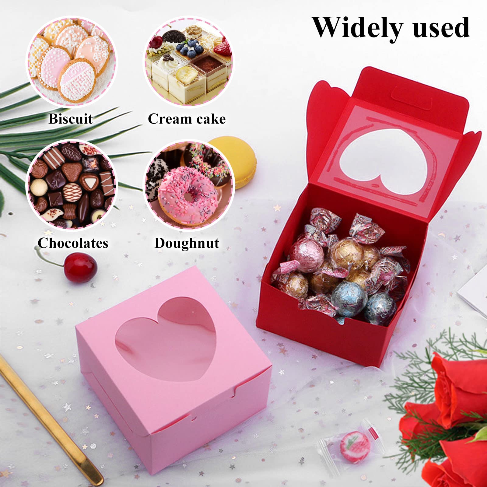 Jremreo 12 Pack 4X4X2.6 Inches Red Pink Heart Shaped Boxes With Window, Goodie Cupcake Strawberry Box For Valentine'S Day Weddin