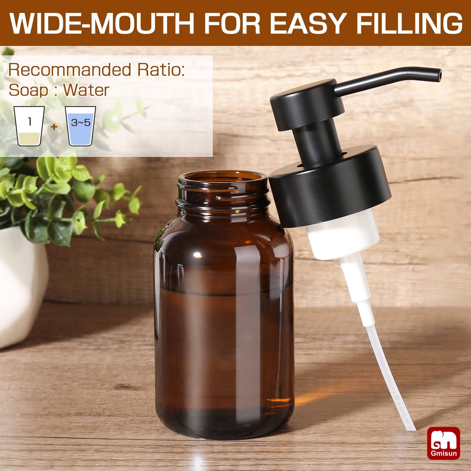 Gmisun Foam Soap Dispenser, 8.5 Oz Amber Glass Foaming Soap Dispenser For Bathroom & Kitchen, Modern Refillable Foaming Hand Soa