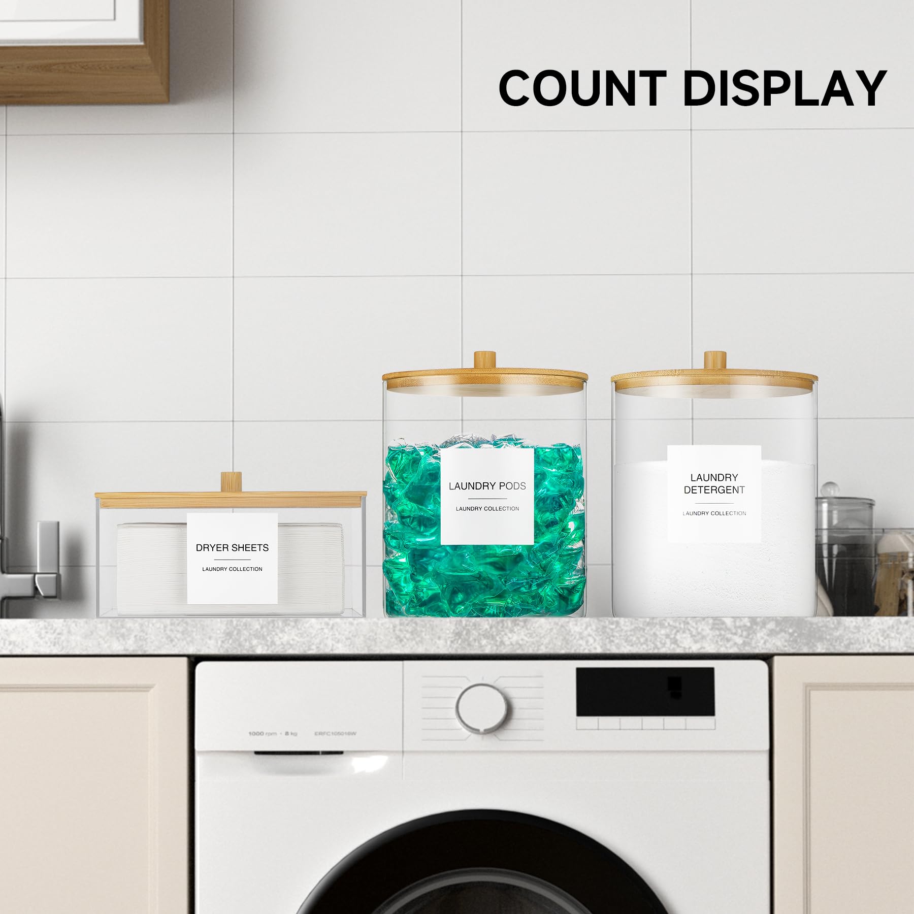 Glass Jars And Acrylic Dryer Sheet Holder, Laundry Pods Container With Bamboo Lid And 27 Labels, Powder Detergent Containers For