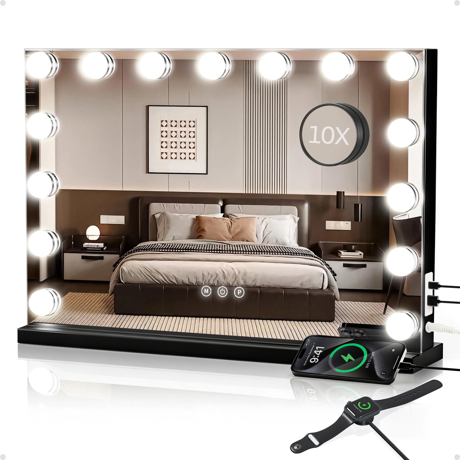 Kiwixmoon Hollywood Vanity Mirror with Lights, Makeup Mirror with 15 Dimmable Bulbs, 3 Color Lights, Touch Control, 10X Magnifie