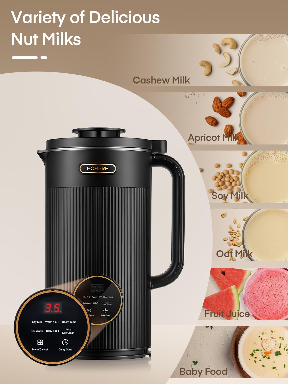 Fohere 35Oz 6 In 1 Nut Milk Maker, 1000Ml 800W Automatic Cow Milk Maker Machines Plant-Based Milk, Soy, Oat, Juice, Baby Food, W