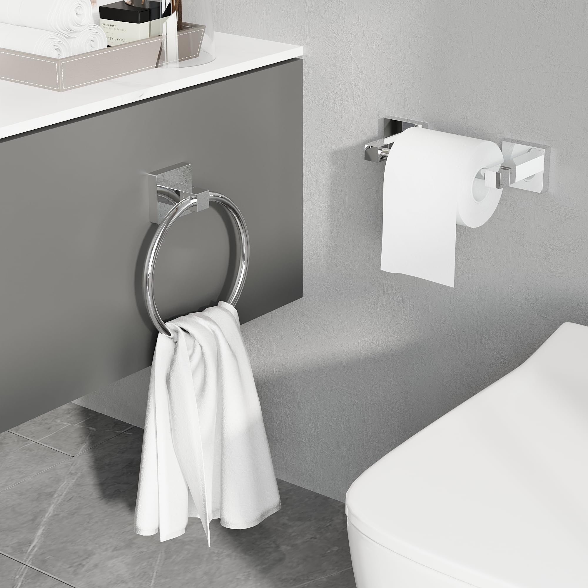 Ruacq Chrome Toilet Paper Holder Towel Ring Bathroom Accessories Hardware Set Double Post Pivoting Toilet Roll Holder Square Sta