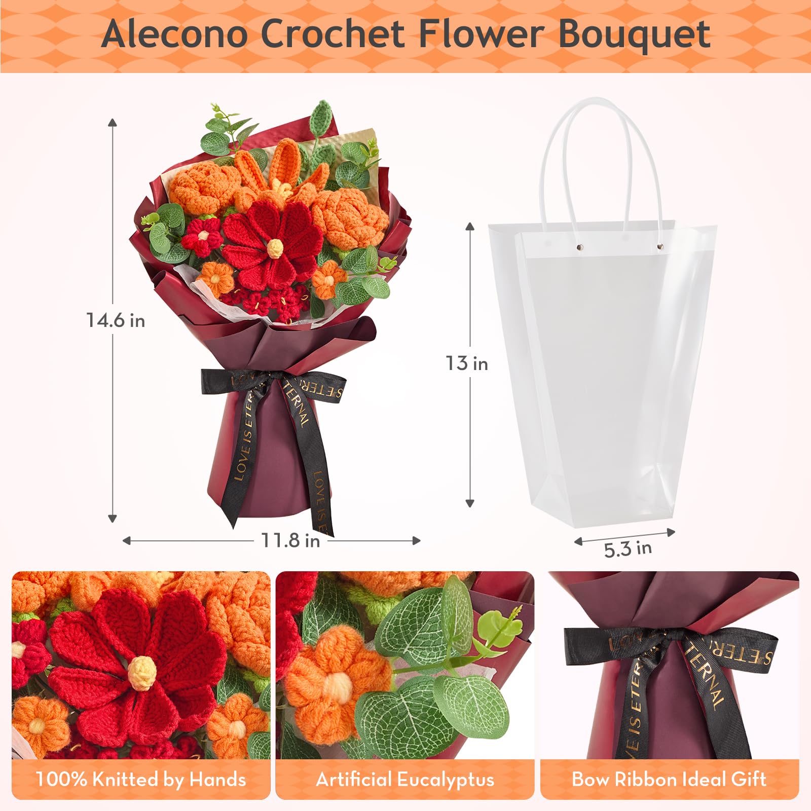 Alecono Crochet Flower Bouquet, Orange and Burgundy Knitted Flowers, Red Crochet Tulip Galsang Flower for Lover Anniversary Birt