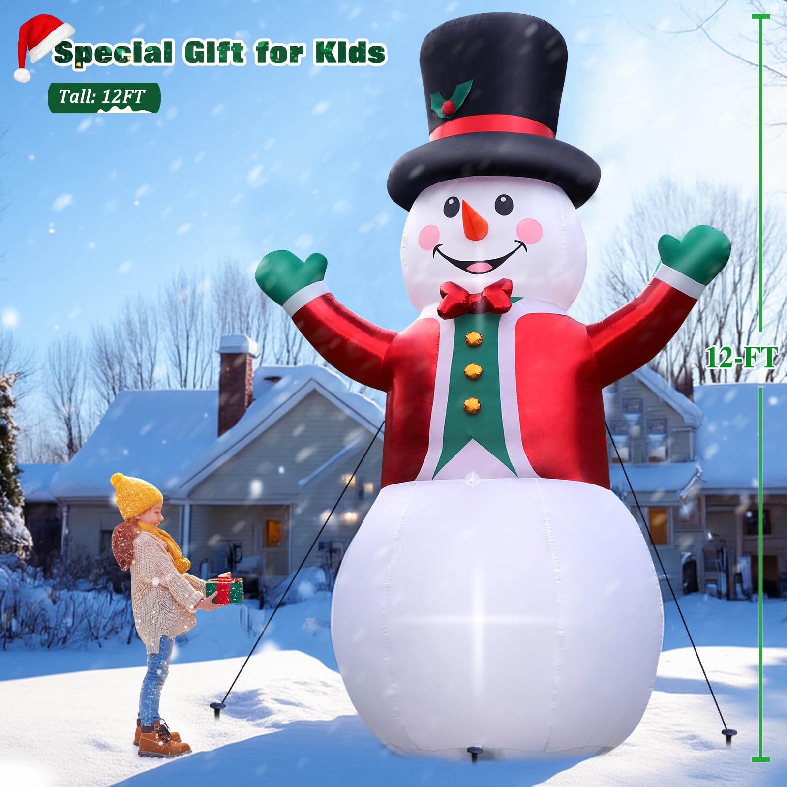 FunFanso 12 FT Inflatable Snowman with LED Lights, Magic Hat & Red Suit - Holiday Outdoor Decoration for Lawn & Garden