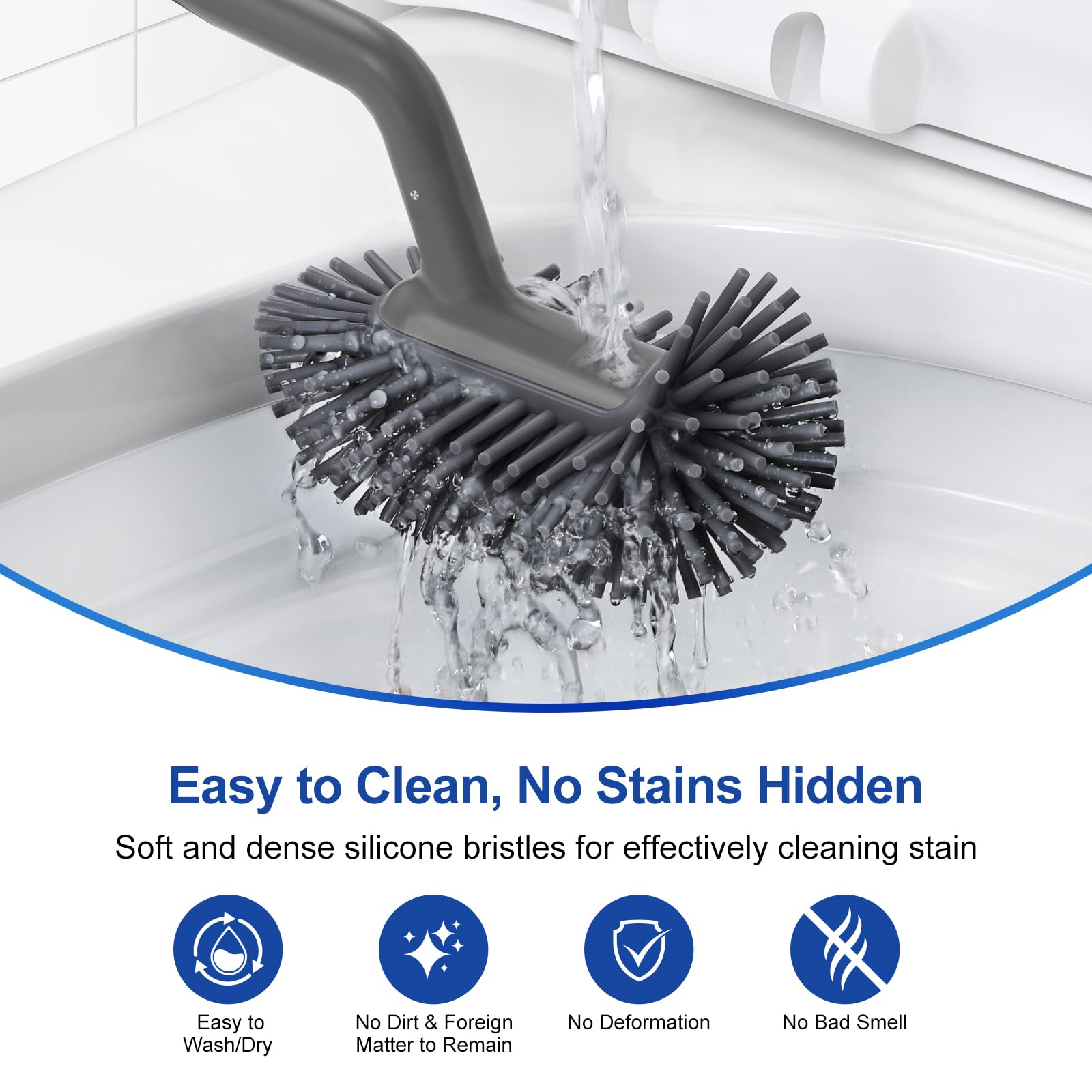 HAMITOR Silicone Toilet Brush Set - Gray Deep Cleaning Scrubber for Bathroom, 1 Pack, Modern Design, Curved Bristle for Corner Cleaning