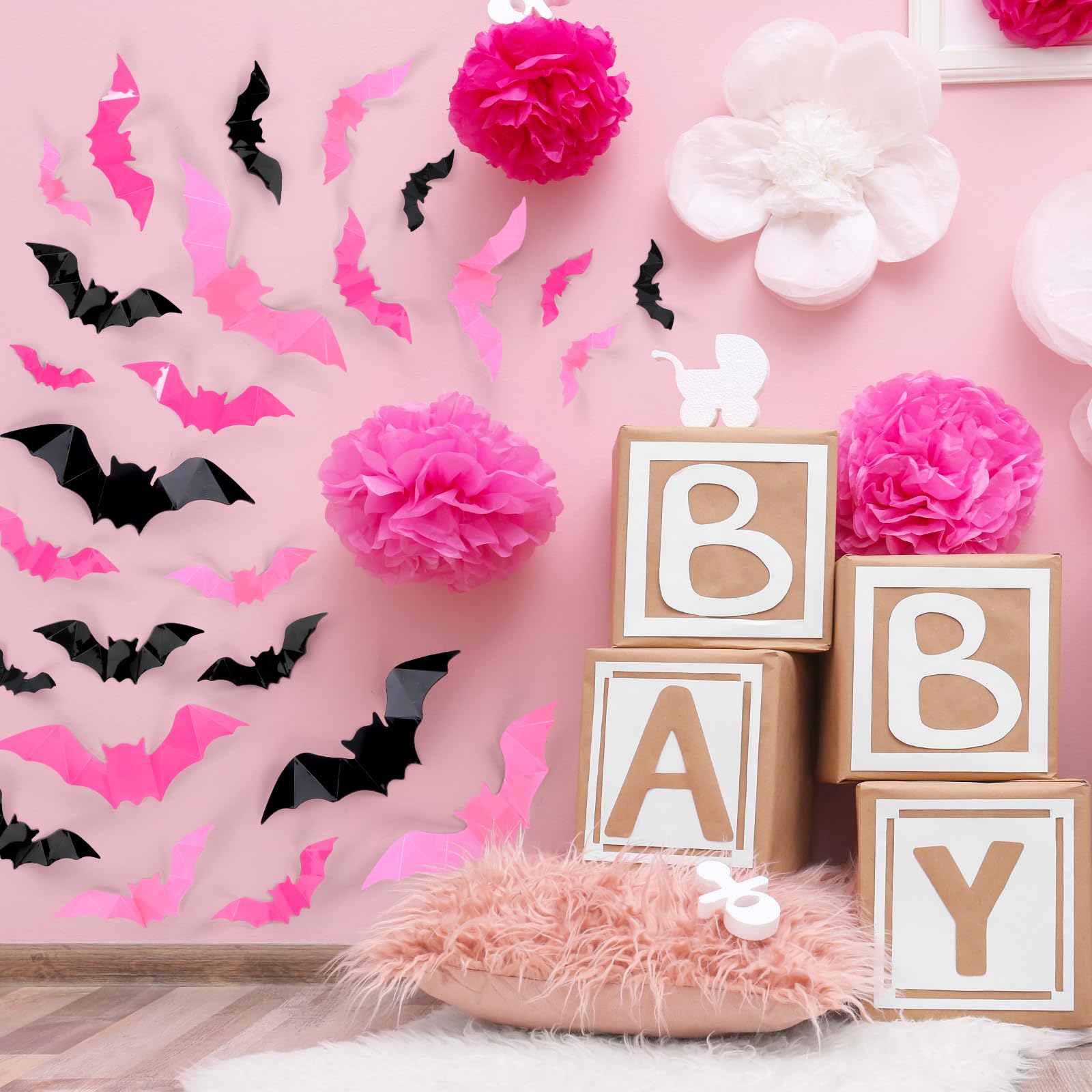 Whaline 112Pcs Halloween Wall Decoration 3D Bats With Foam Adhesive Black Pink Rose Red Waterproof Spooky Bats Stickers Hocus Po