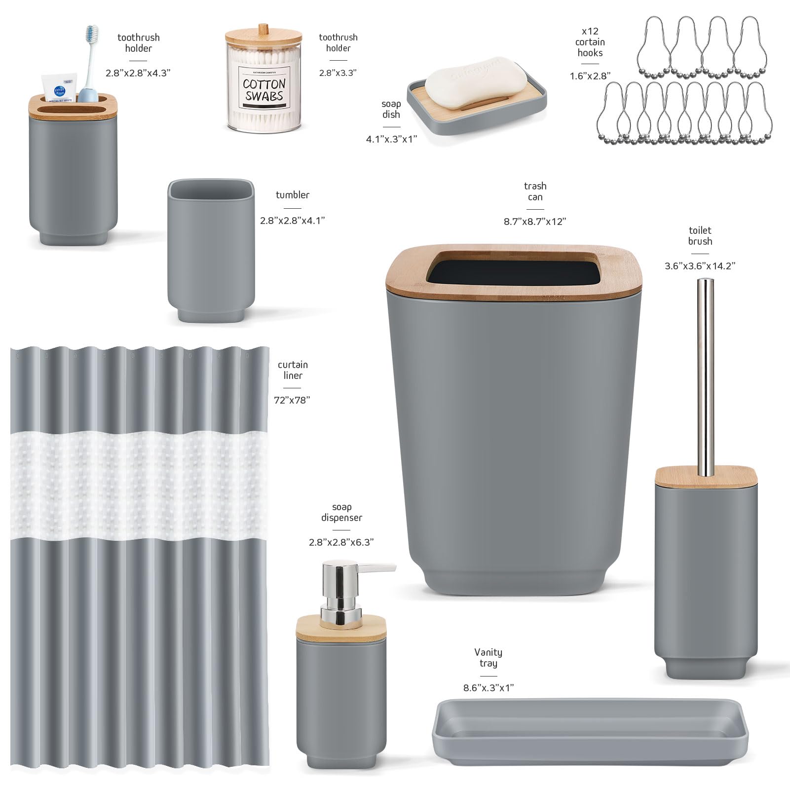 Imavo Grey Bathroom Set,24 Pcs Bathroom Accessories Set With Shower Curtain,Tray,Trash Can,Soap Dispenser,Soap Dish, Toothbrush