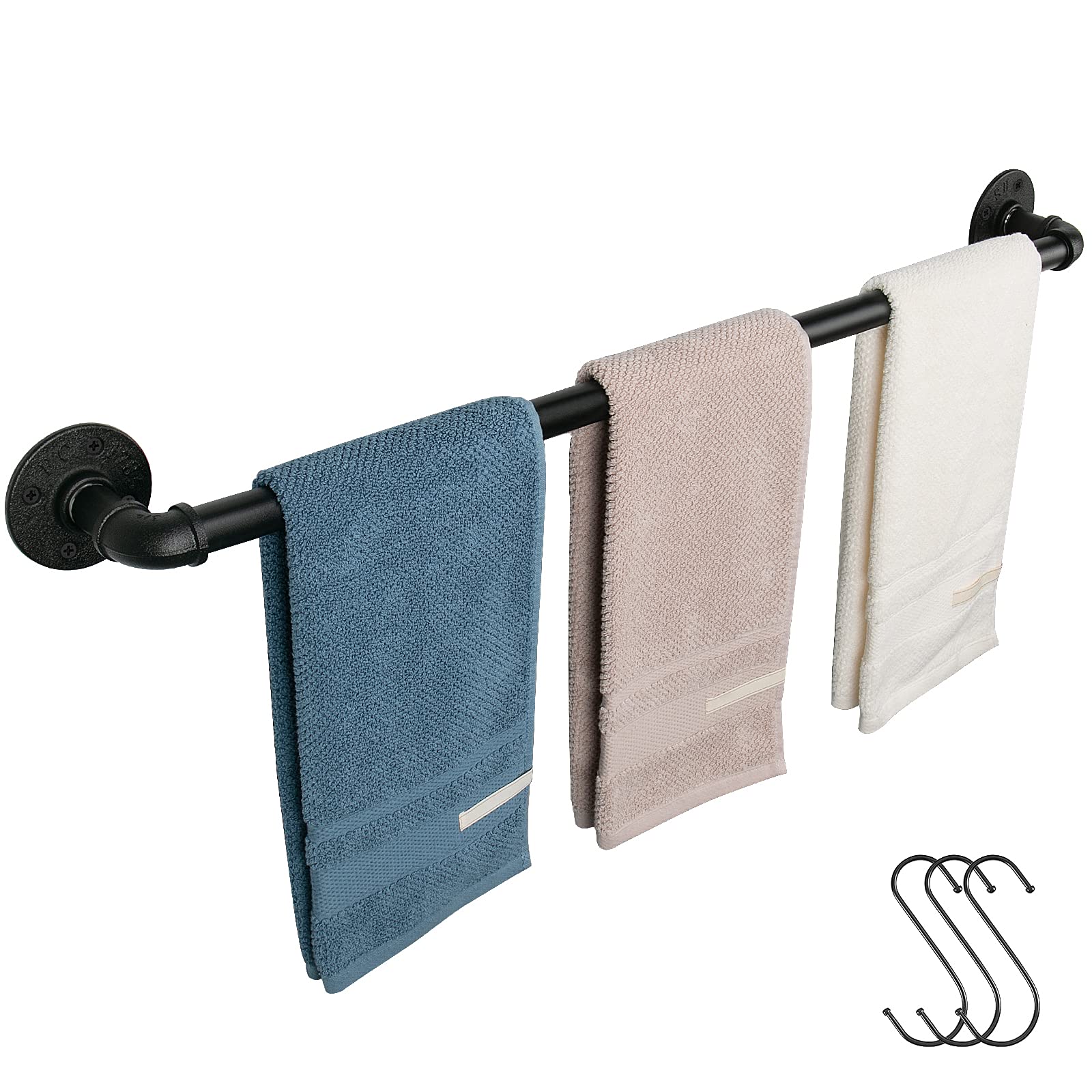 Jeasor Industrial Pipe Towel Rack Towel Bar, Heavy Duty Wall Mounted Rustic Farmhouse Bath Towel Holder For Bathroom (Black, 42