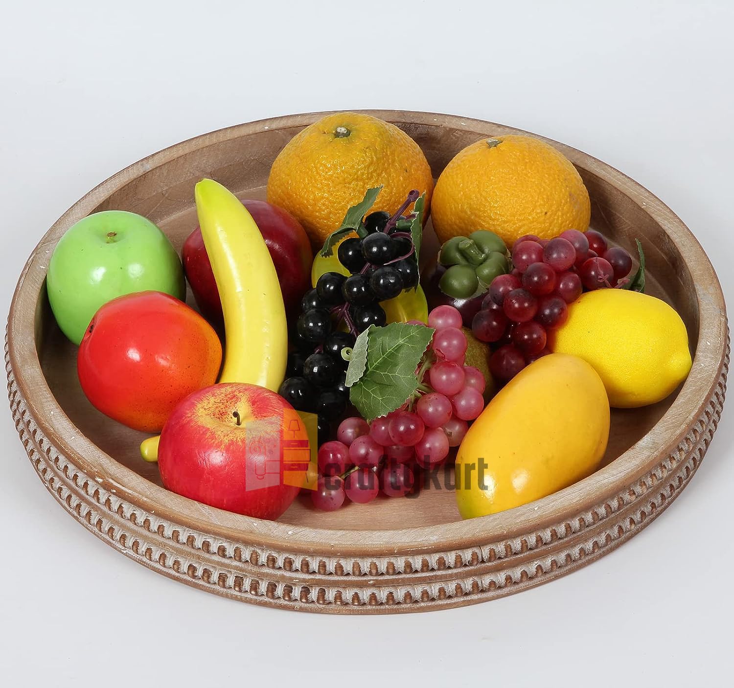 CRAFTYKART Round Wooden Serving Tray, Whitewashed Round Decorative Wood Tray, Round Farmhouse Rustic Decorative Tray, Perfect fo