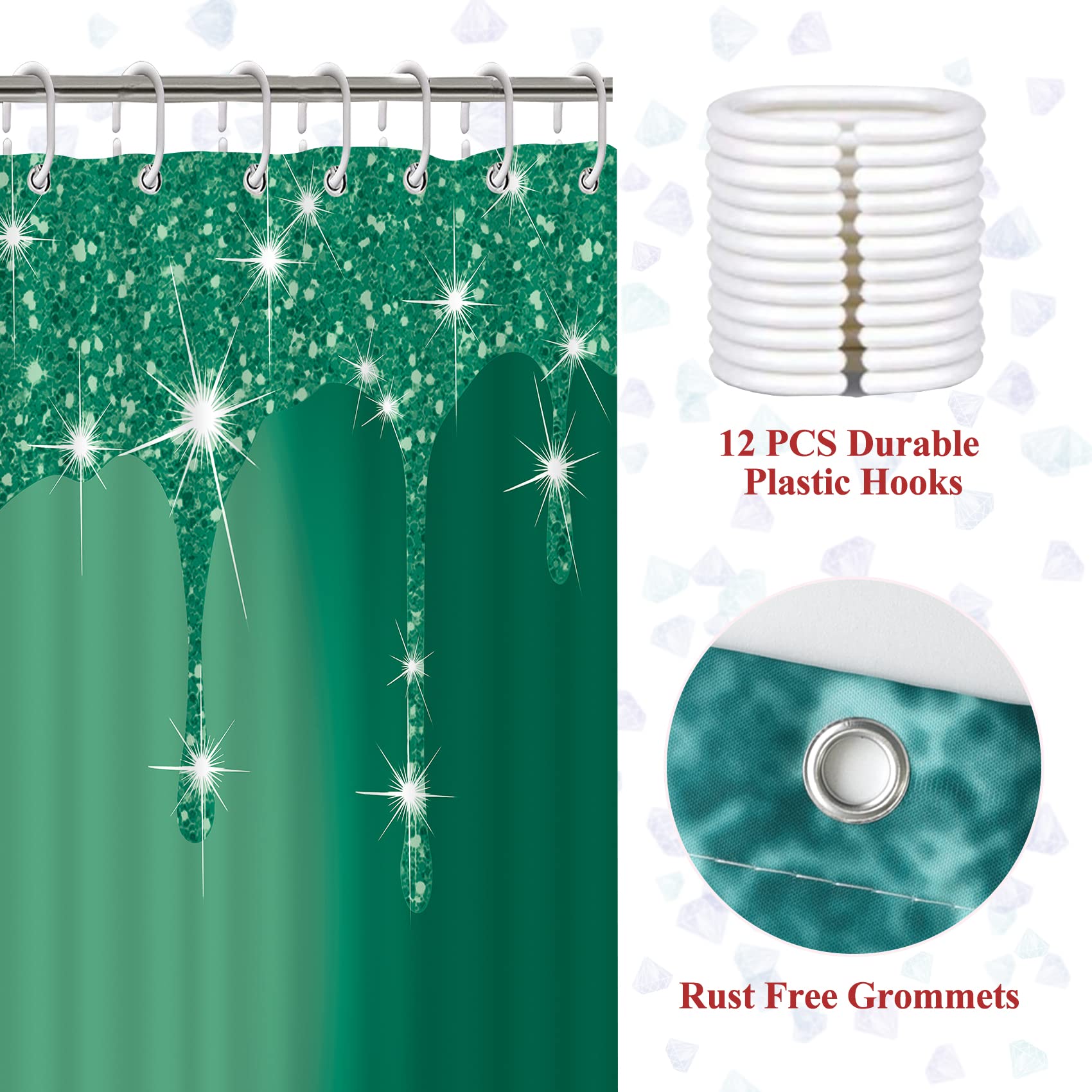 4 Pcs Glitter Diamond Shower Curtain Sets  Deep Green Shiny Drips Bath Decor with Rug and Toilet Lid Cover  Emerald Green Luxury Texture Colorful Bling Modern Bathroom Curtain with 12 Hooks  72 x 72