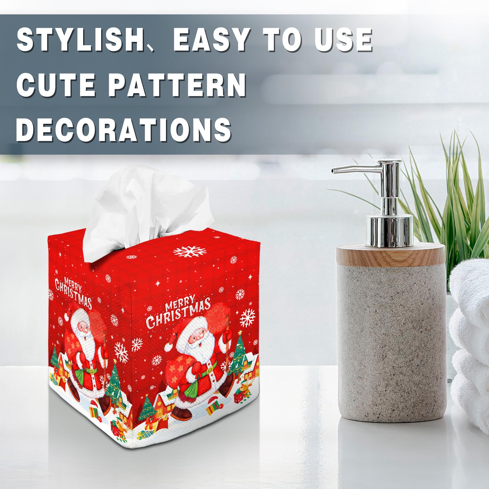 Tissue Box Cover Square Canvas Decorative Tissue Box Holder Cute Funny Cube Tissue Case Cover-Xmas Decor Christmas Santa Claus T