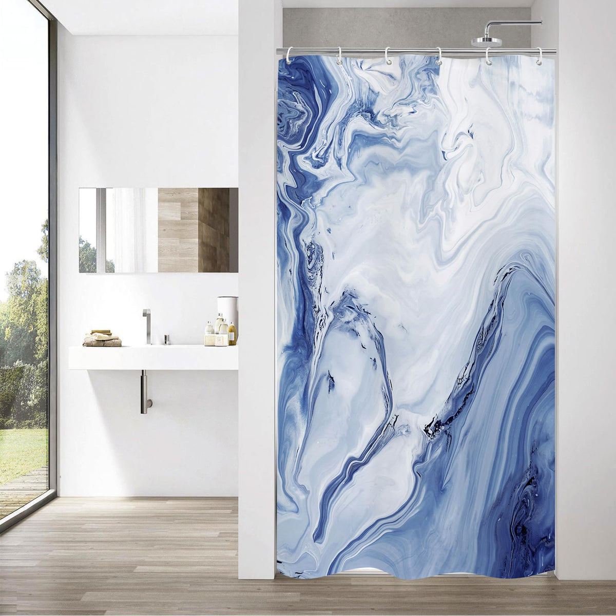 Mitovilla Navy Blue Marble Small Stall Shower Curtain 36 X 72, Abstract Ombre Half Size Narrow Shower Curtain Set, 36 Inch Moder