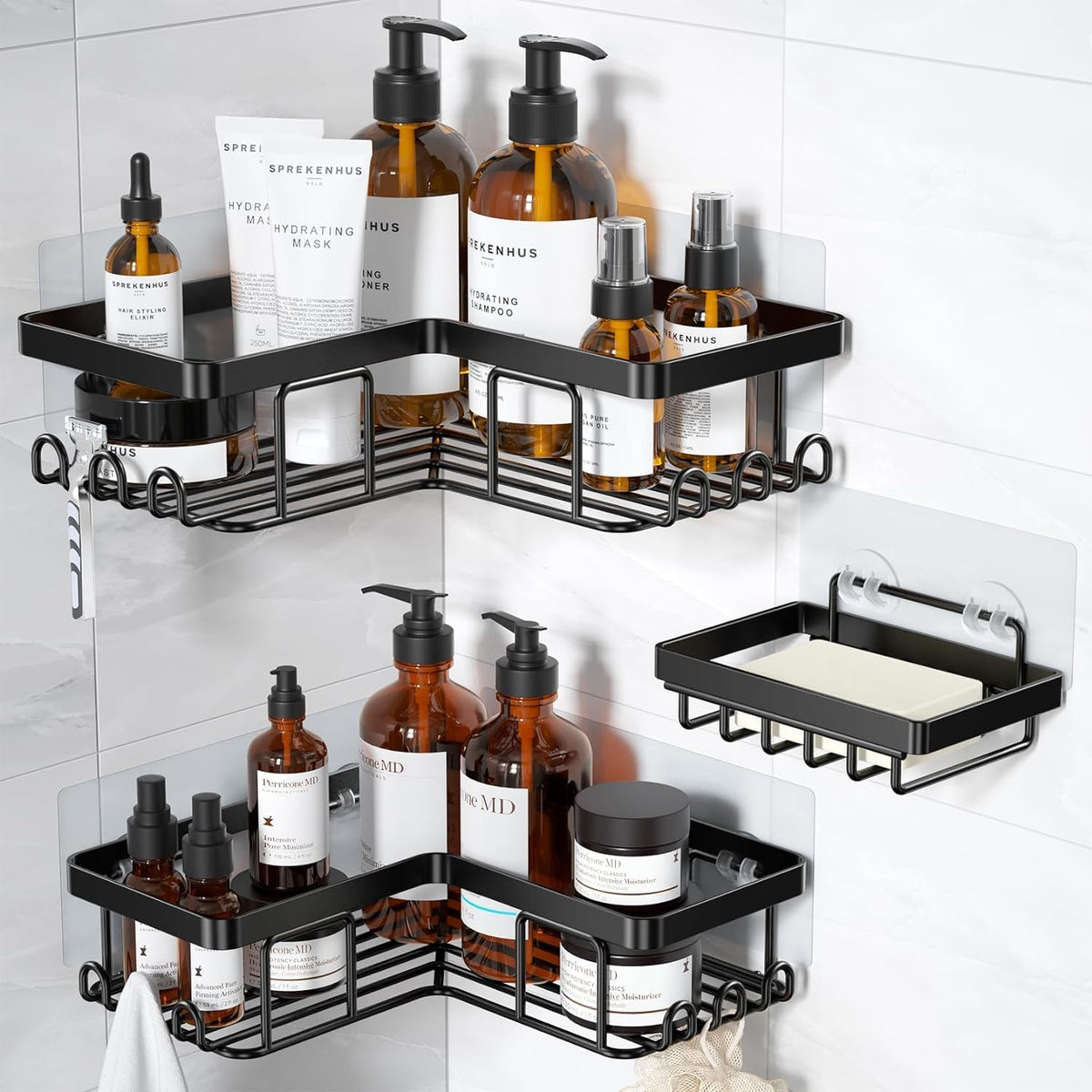 Yasonic Corner Adhesive Shower Caddy, With Soap Holder And 12 Hooks, Rustproof Stainless Steel Bathroom Organizer, No Drilling W