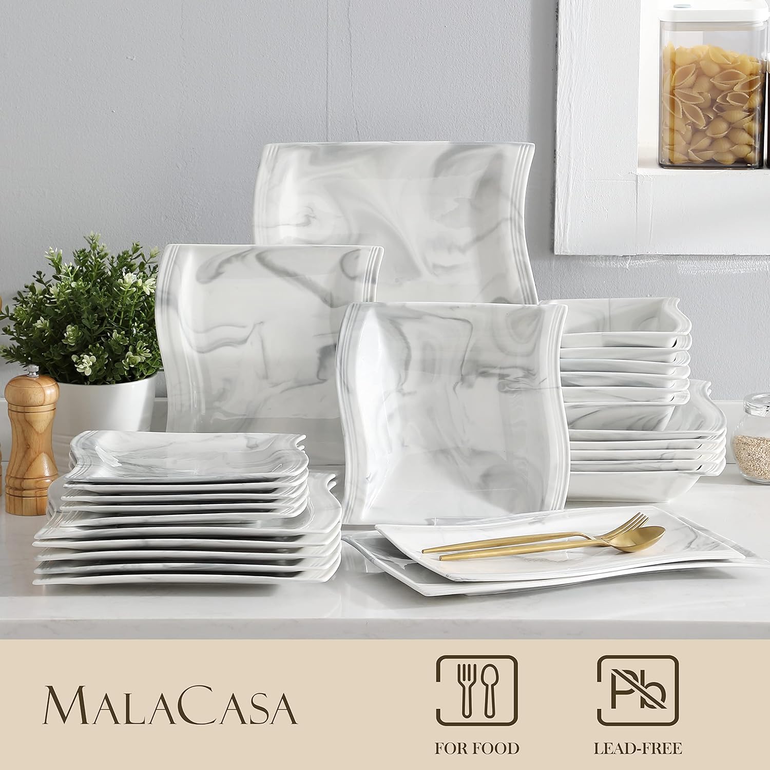 MALACASA 26 Pieces Dinnerware Sets for 6, Porcelain Plates and Bowls Sets, Square Dinnerware Set with Dinner Plates and Bowls, D