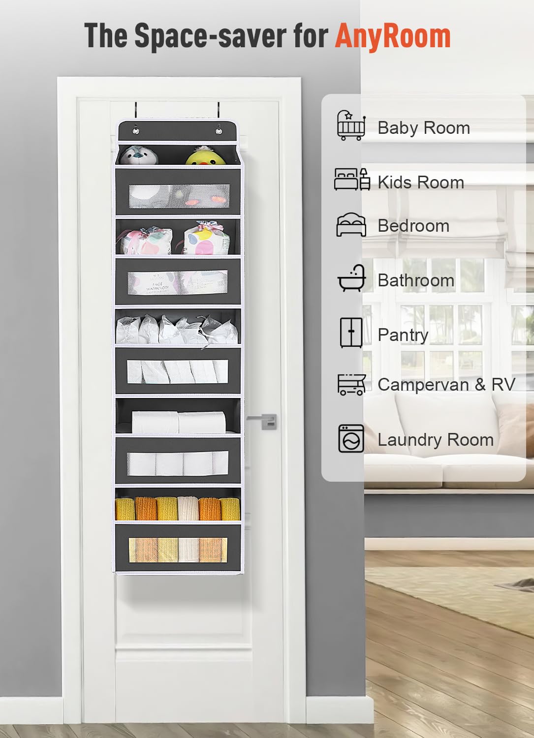 Bloroom Over The Door Organizer Storage, 5 Shelf Hanging Door Organizer With 10 Large Capacity Pockets, Anti Tilt 48 Lb Load Beh