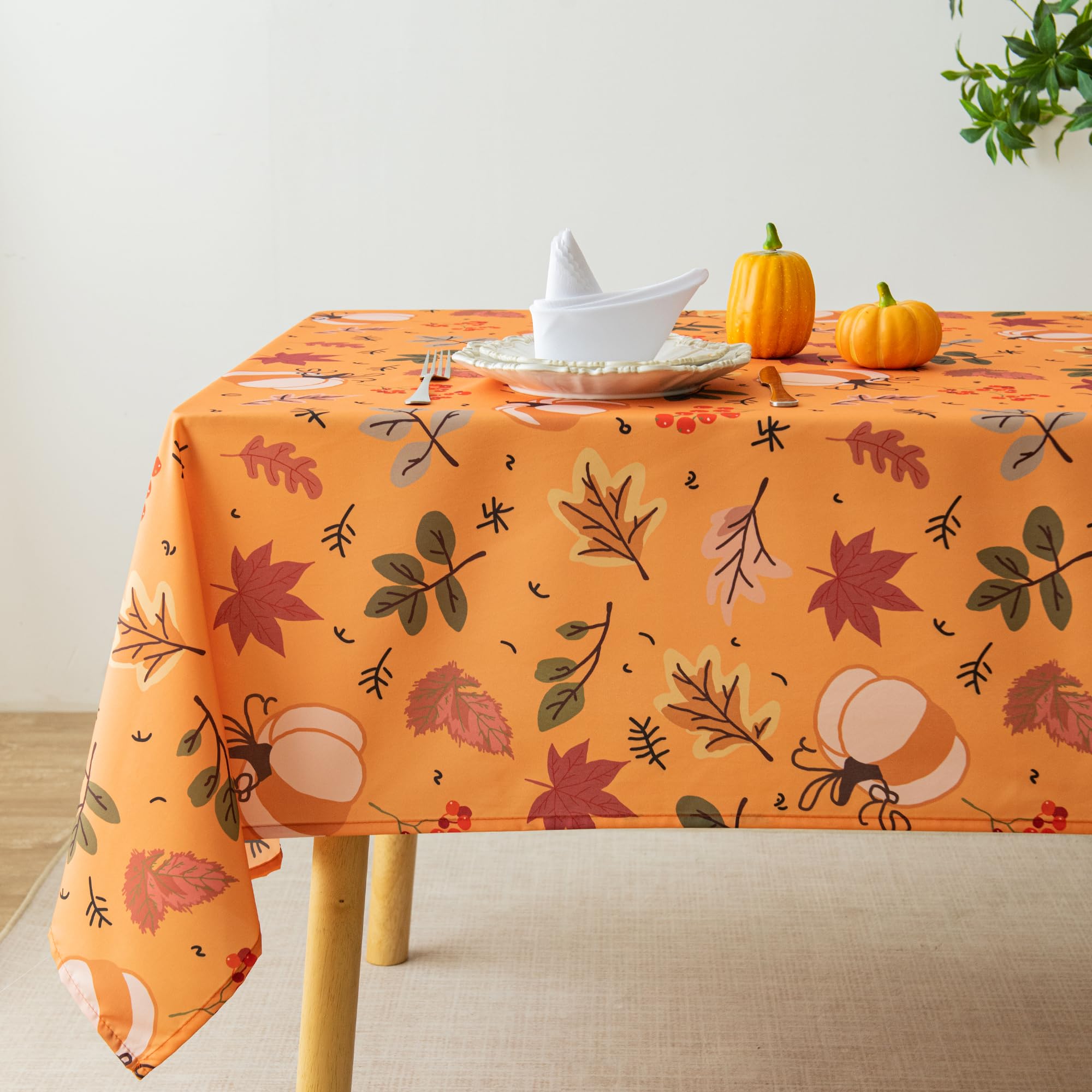 LOSIVISHE Thanksgiving Waterproof Tablecloth - Fall Harvest Pumpkins, Maple Leaves & Berries Print - Autumn Rectangle Table Cove