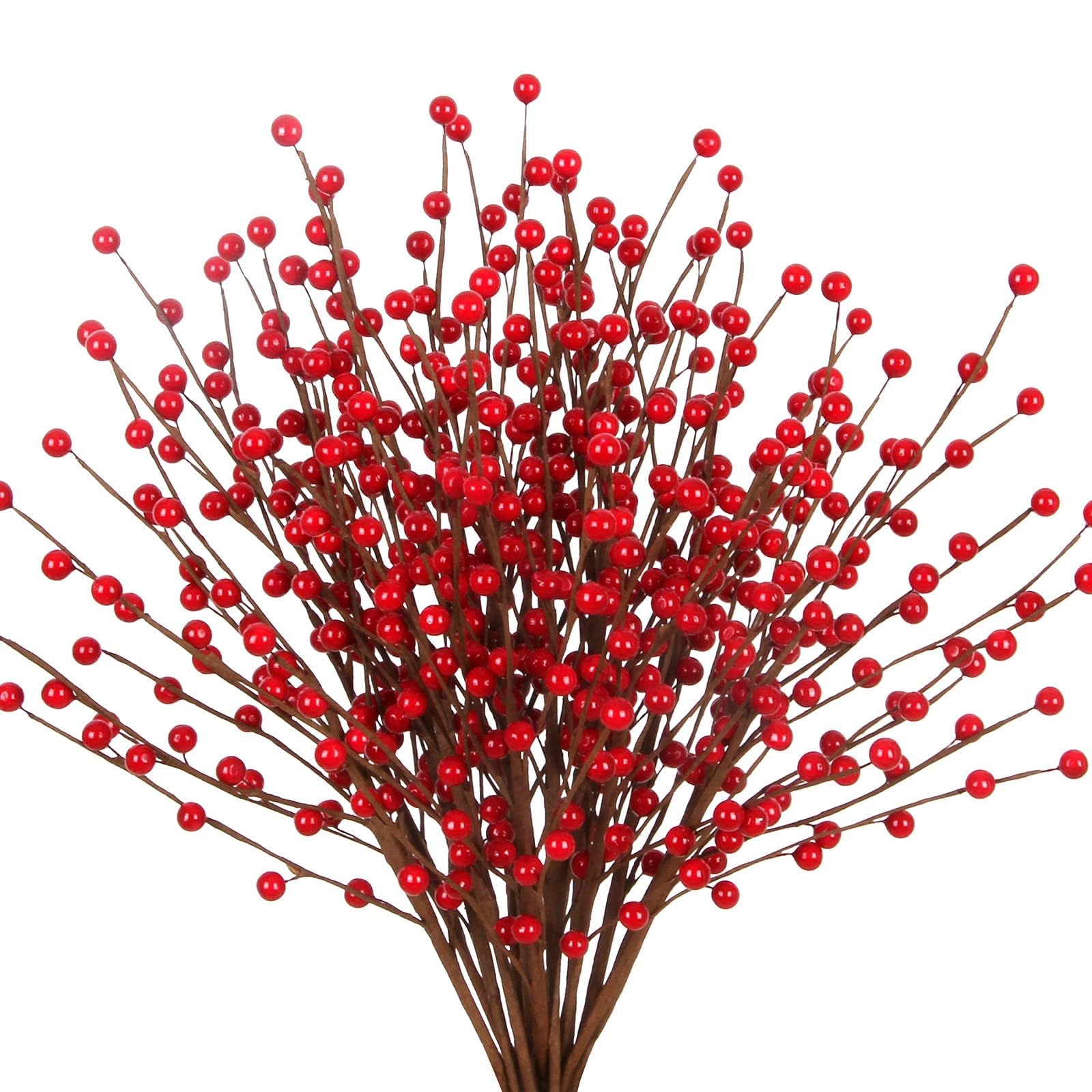 ZIFTY 15Pcs Christmas Artificial Holly Berry Stem, 16.5 Inch Holly Berry Pick Decorative Wire Branch Sprays for Christmas Tree D