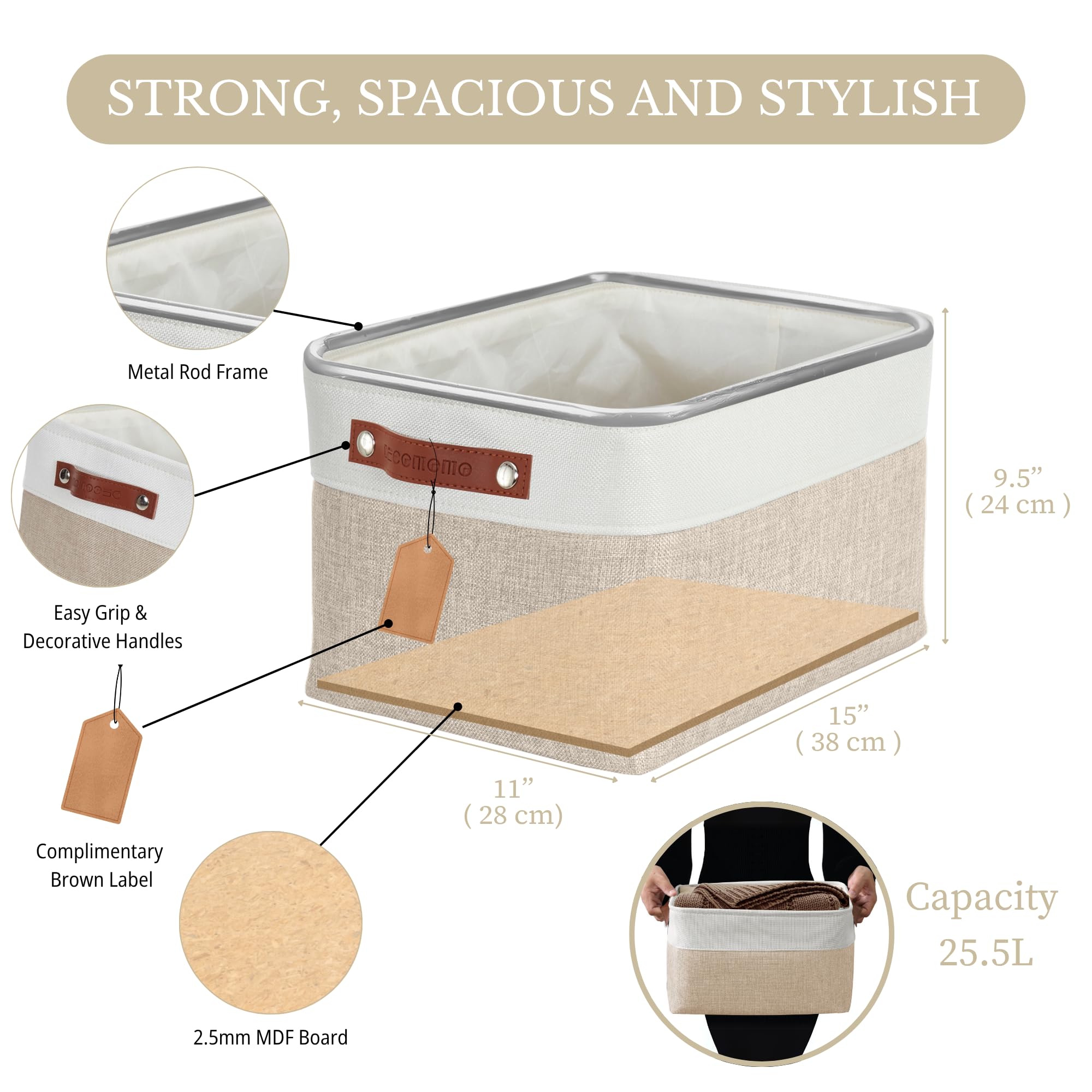 DECOMOMO Storage Baskets for Shelves - Fabric Storage Bins, Linen Closet Organizers and Storage (Beige & White, Large - 4 Pack)