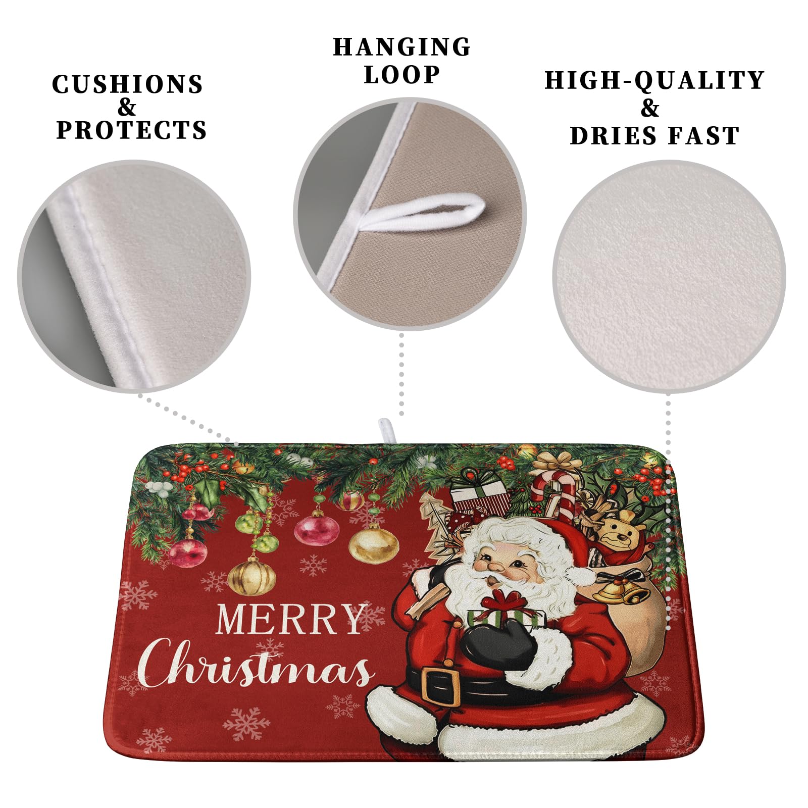 Kwlegh Merry Christmas Dish Drying Mat Santa Claus Kitchen Drainer Mats Microfiber Absorbent Winter Xmas Holiday Dishes Pad Reus