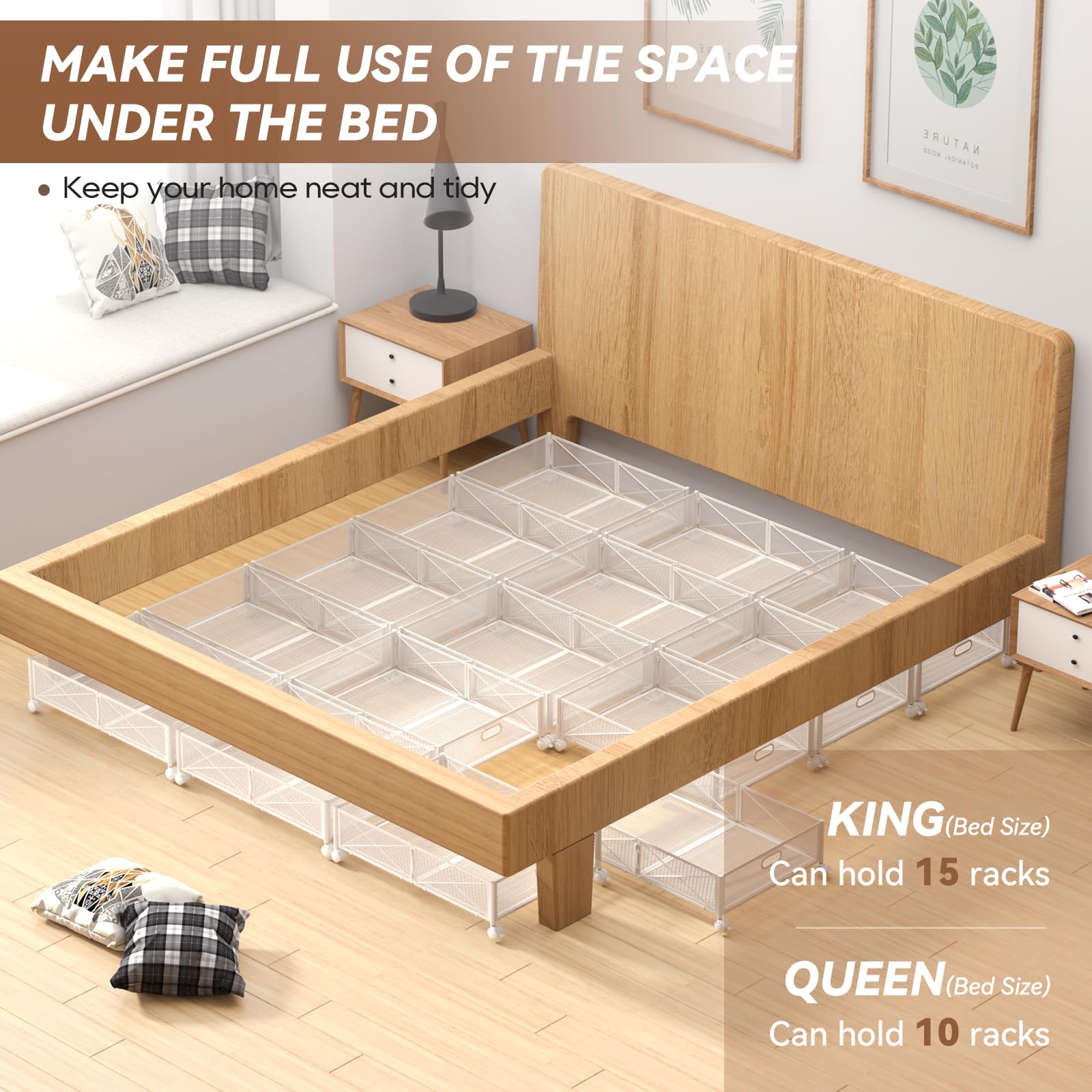 PHINOX Under Bed Storage with wheels, Under the Bed Storage Containers,Upgrade Crossed Iron Wire, Metal Rolling Underbed Storage