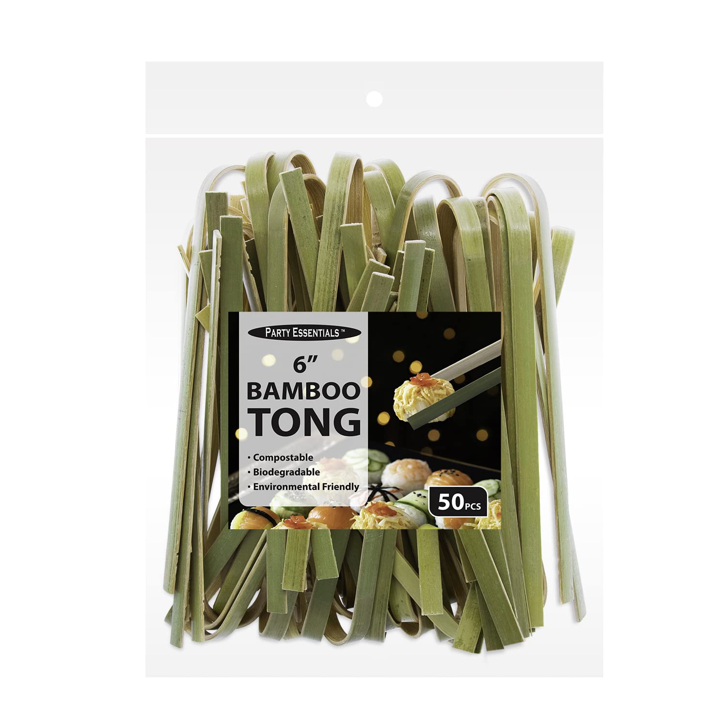 Party Essentials Bamboo Disposable Green Mini Tongs, Toast Serving Utensils, 6'' Length, 50-Count, Natural