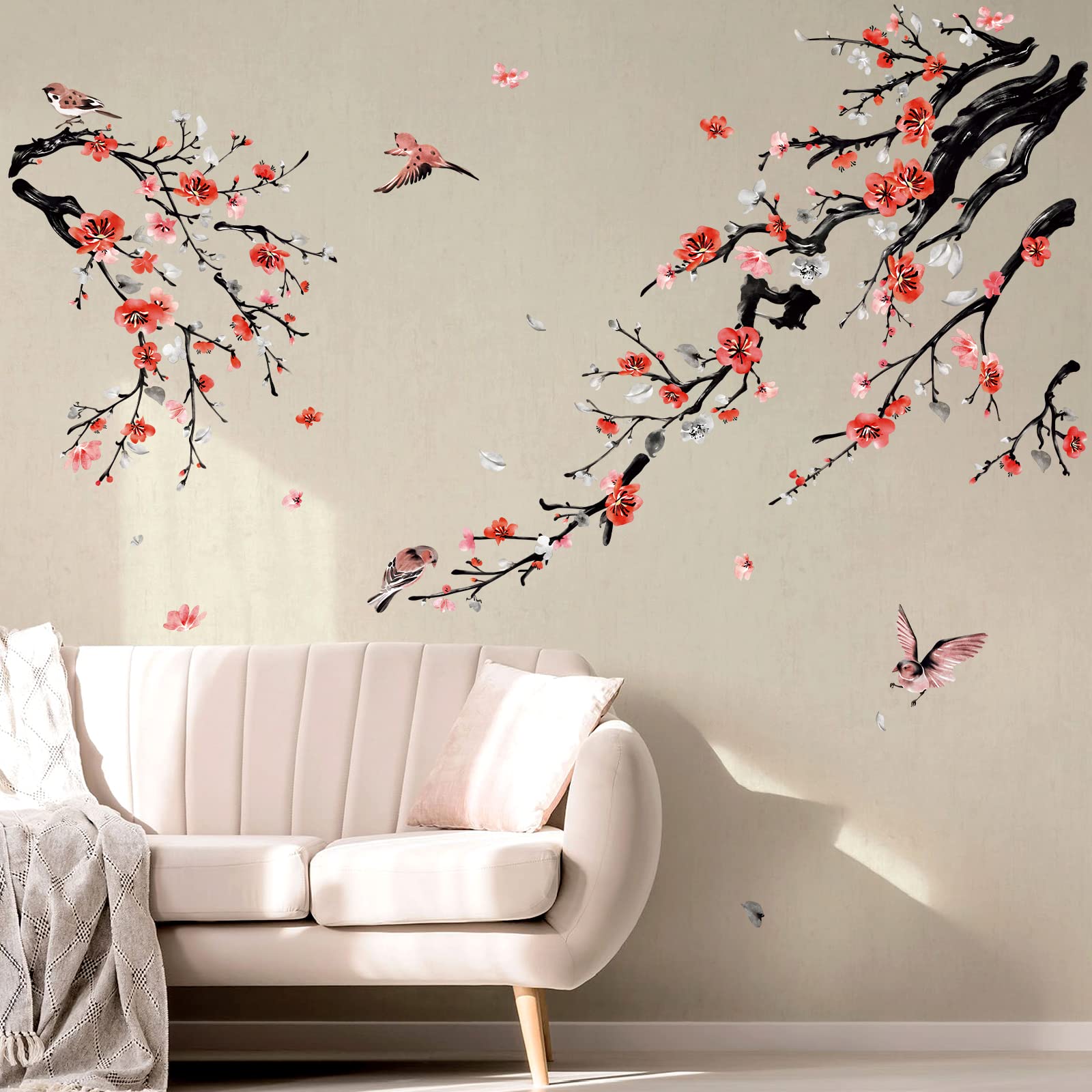 Wondever Watercolor Flower Tree Branch Wall Stickers Blossom Red Floral Birds Peel And Stick Wall Art Decals For Living Room Bed