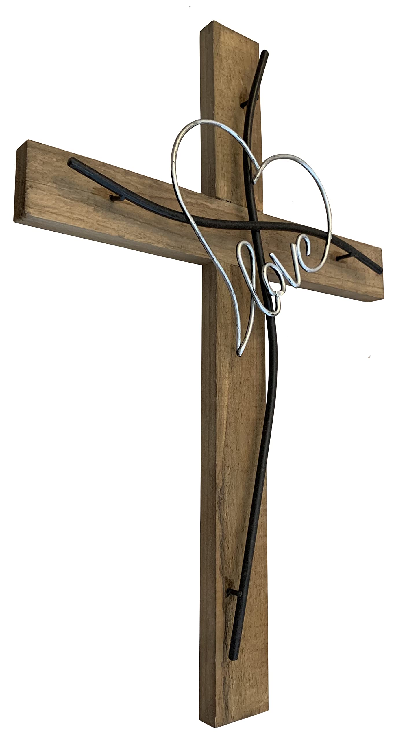 Top Brass Large Love/Heart Decorative Welded Offset Metal/Rustic Wood Wall Cross - Valentine, Anniversary Jesus Art Decor