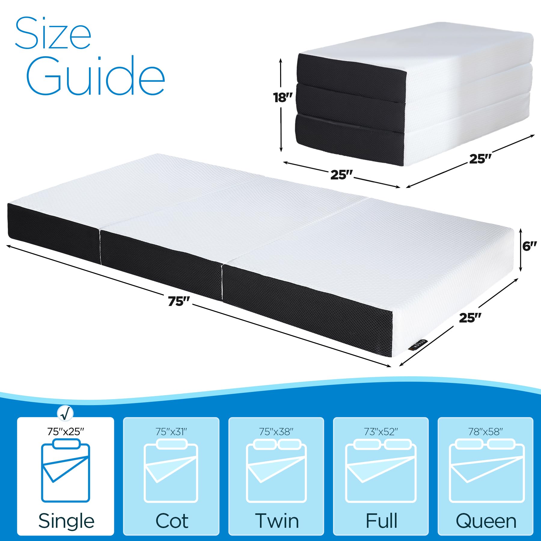 Folding Mattress, 6 Inch Single Tri-Folding Memory Form Mattress,Portable Trifold Mattress Topper With Washable Cover, Non-Slip