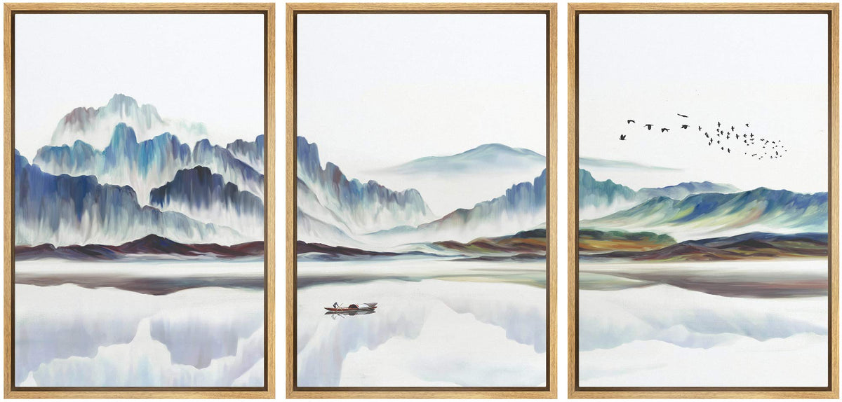 Nwt Framed Wall Art Print Set Watercolor Mountain Landscape With Boat Nature Wilderness Illustrations Modern Art Rustic Colorful