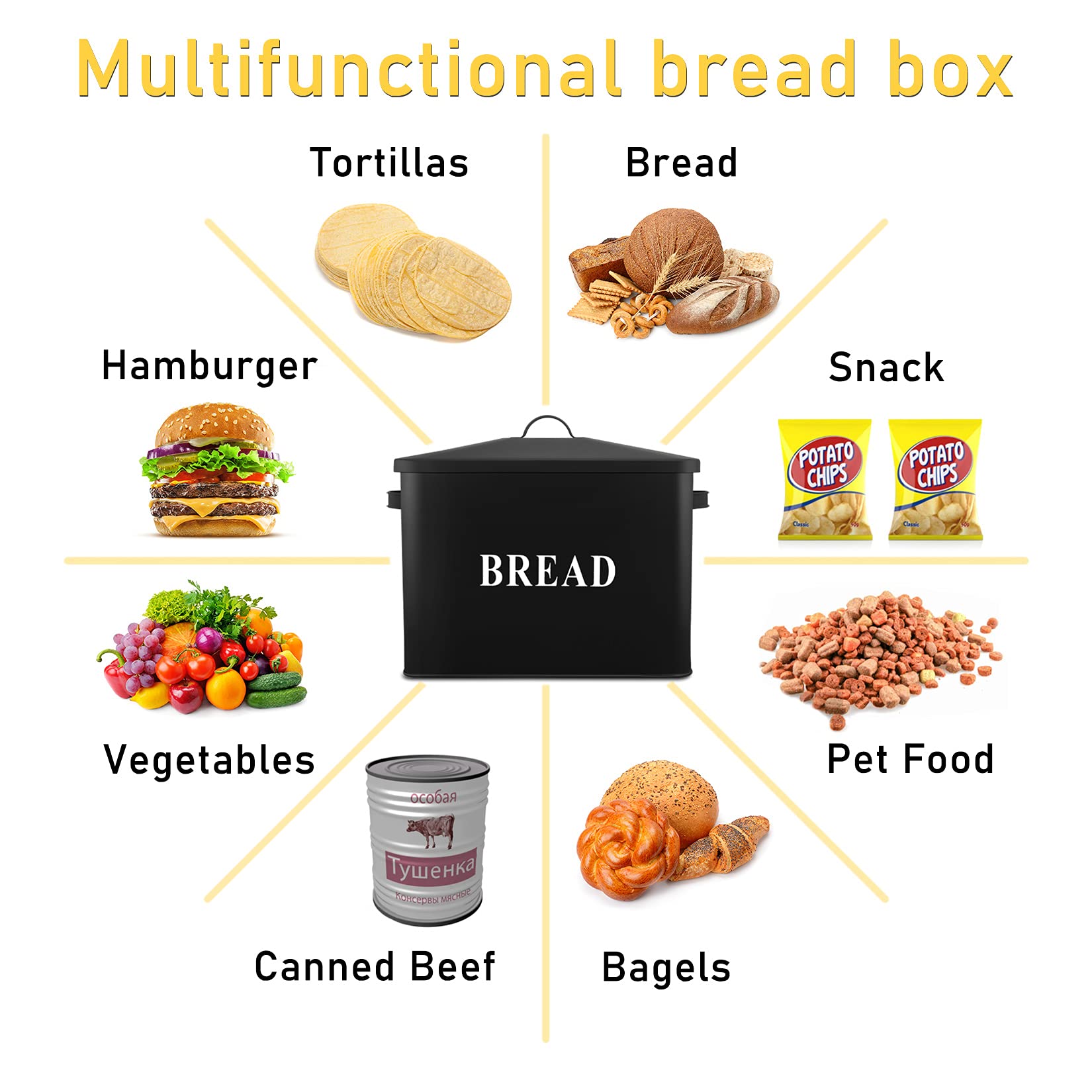 P&P Chef Extra Large Black Bread Box With Lid, Metal Bread Storage Container For Farmhouse Kitchen Countertop, 13.1    X 11.81