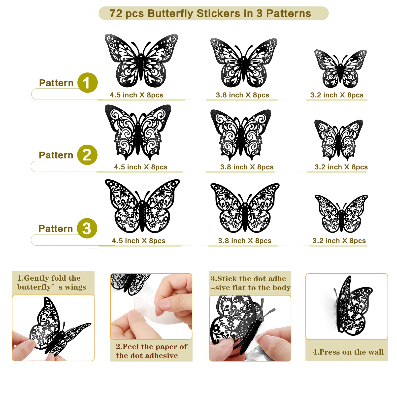 72 Pcs Black Butterfly Decorations, 3 Sizes 3 Styles, 3D Butterfly Wall Decor, Butterfly Party Decorations, Birthday Decorations