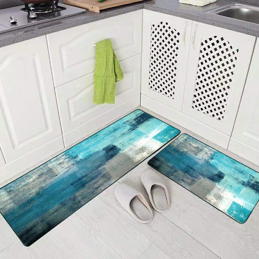 Tomwish Turquoise Kitchen Rug Kitchen Mats Turquoise And Grey Abstract Art Painting 18''X48''+18''X30'' Washable Non-Slip Kitche