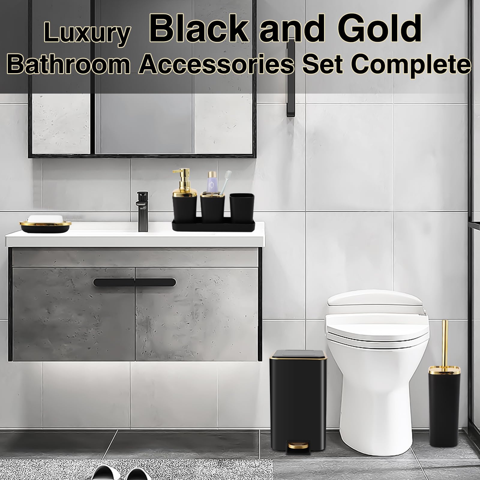 Xlhomo Black Bathroom Accessories Set 8 Piece Black And Gold Bathroom Set, Bathroom Sets With Stainless Steel Trash Can,Toilet B