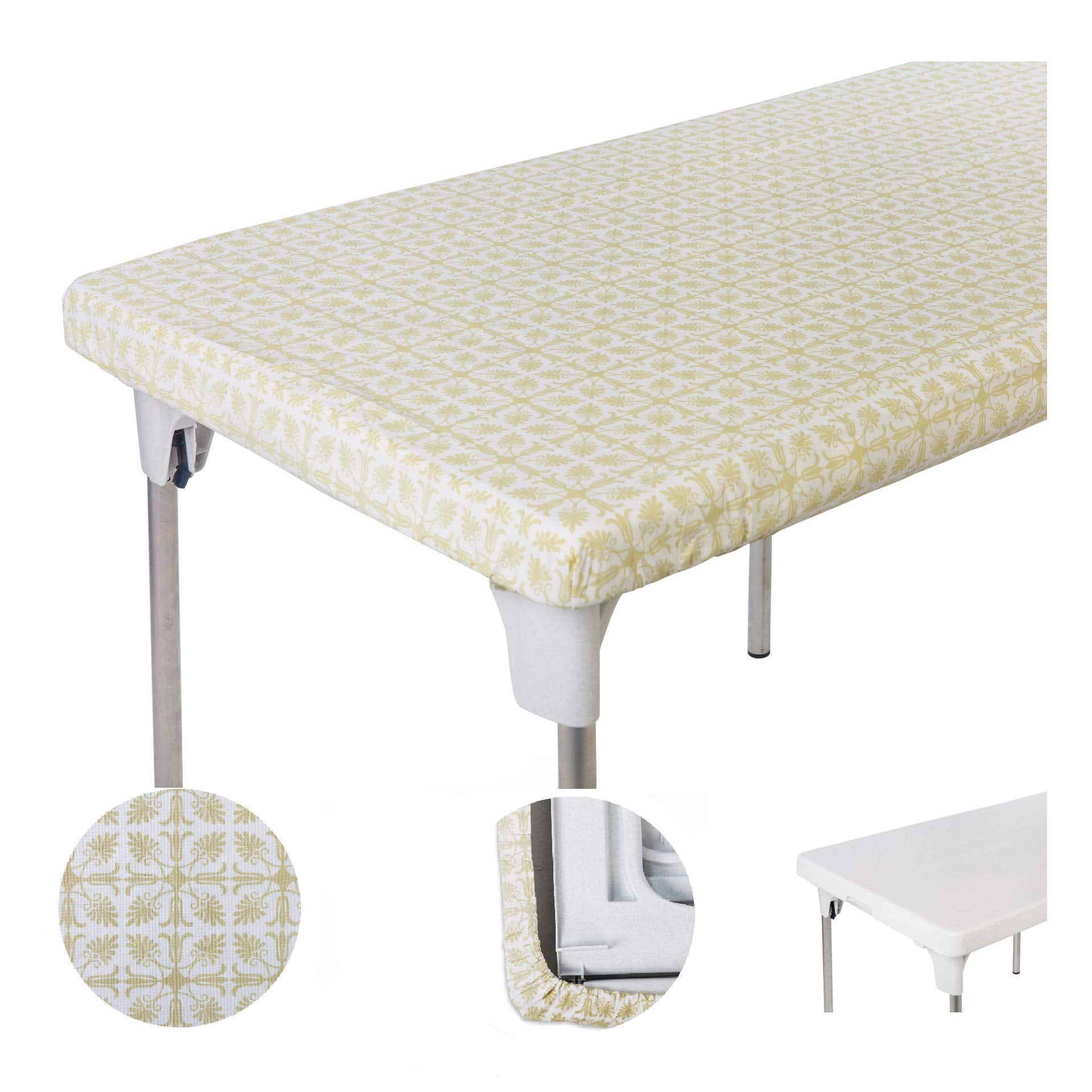 Toptablecloth Outdoor Tablecloth Yellow Gold Patterned Elastic 4Ft 24 X 48 Inch Rectangular Folding Table Cover Vinyl For Christ