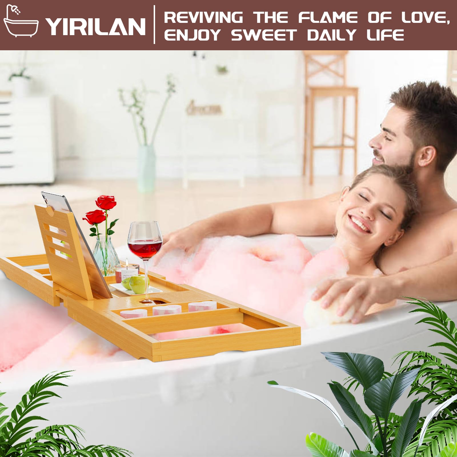Yirilan Bamboo Bathtub Tray Caddy for 1-2 Persons, Expandable Wooden Design, Brown