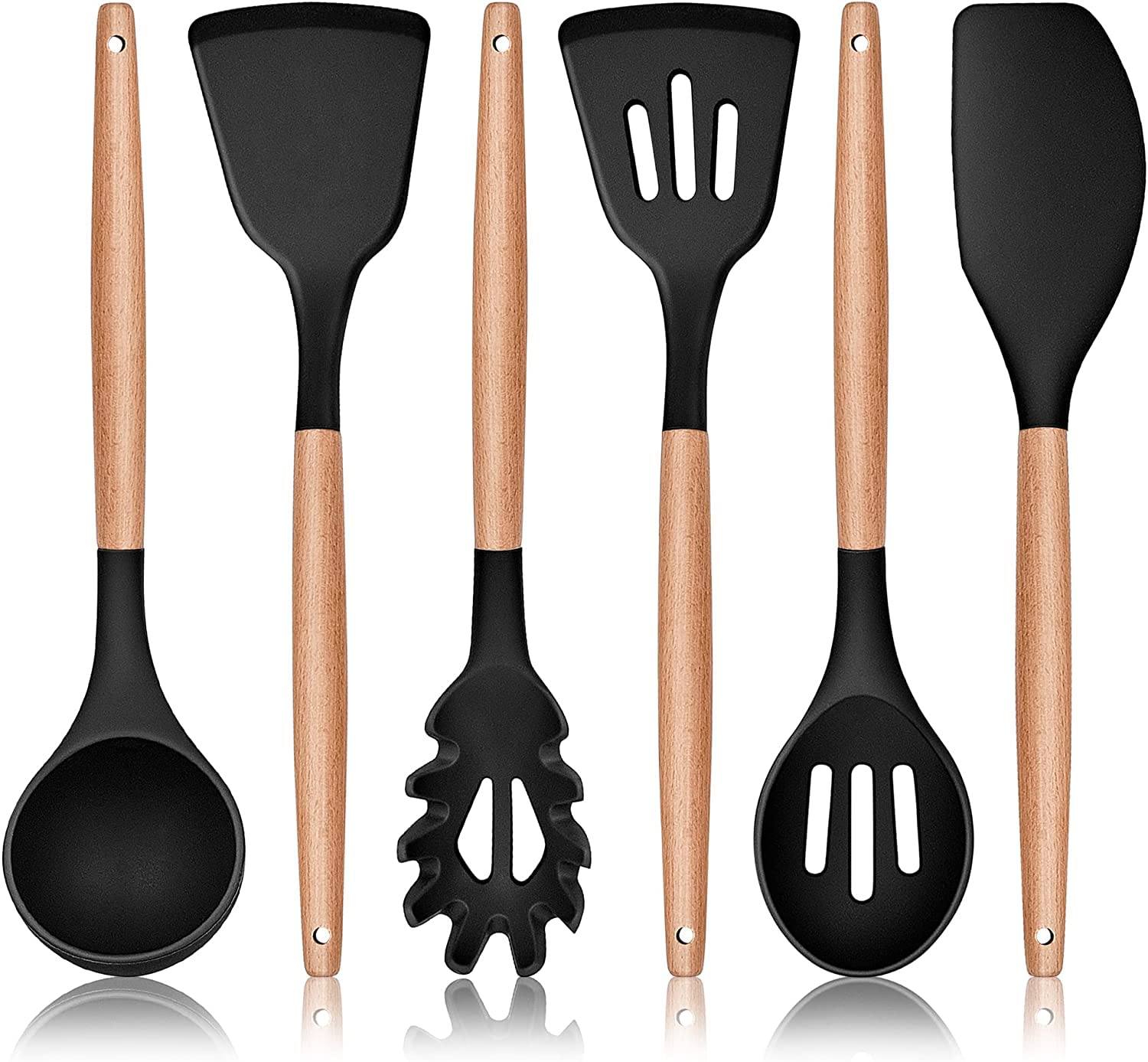 Fs Cool Silicone Kitchen Utensils, Cooking Tools With Natural Wood Handles NonStick And Heat Resistant, Soup Ladle, Solid Turne