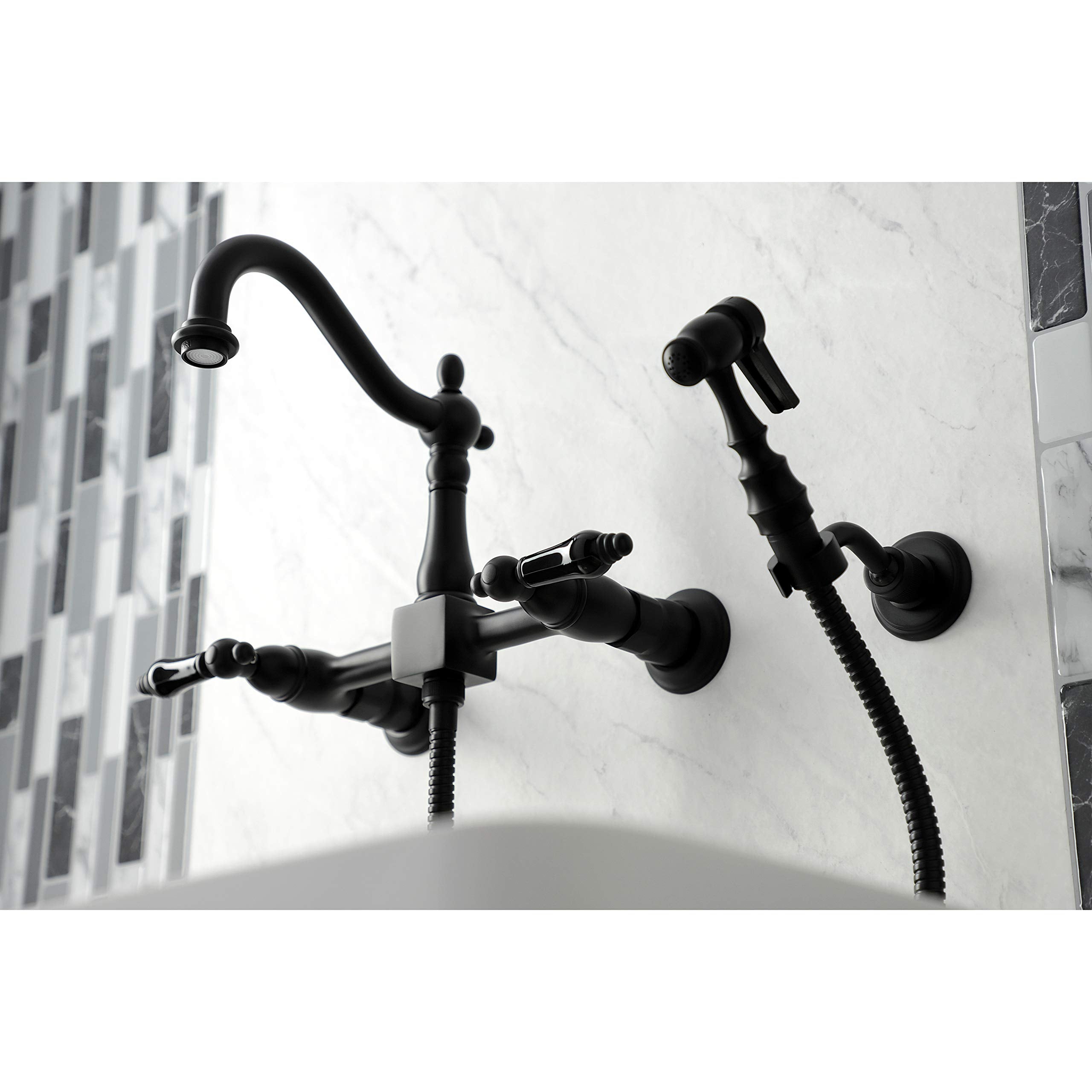 Kingston Brass KS1260PKLBS Duchess Wall Mount Bridge Kitchen Faucet with Brass Sprayer  Matte Black