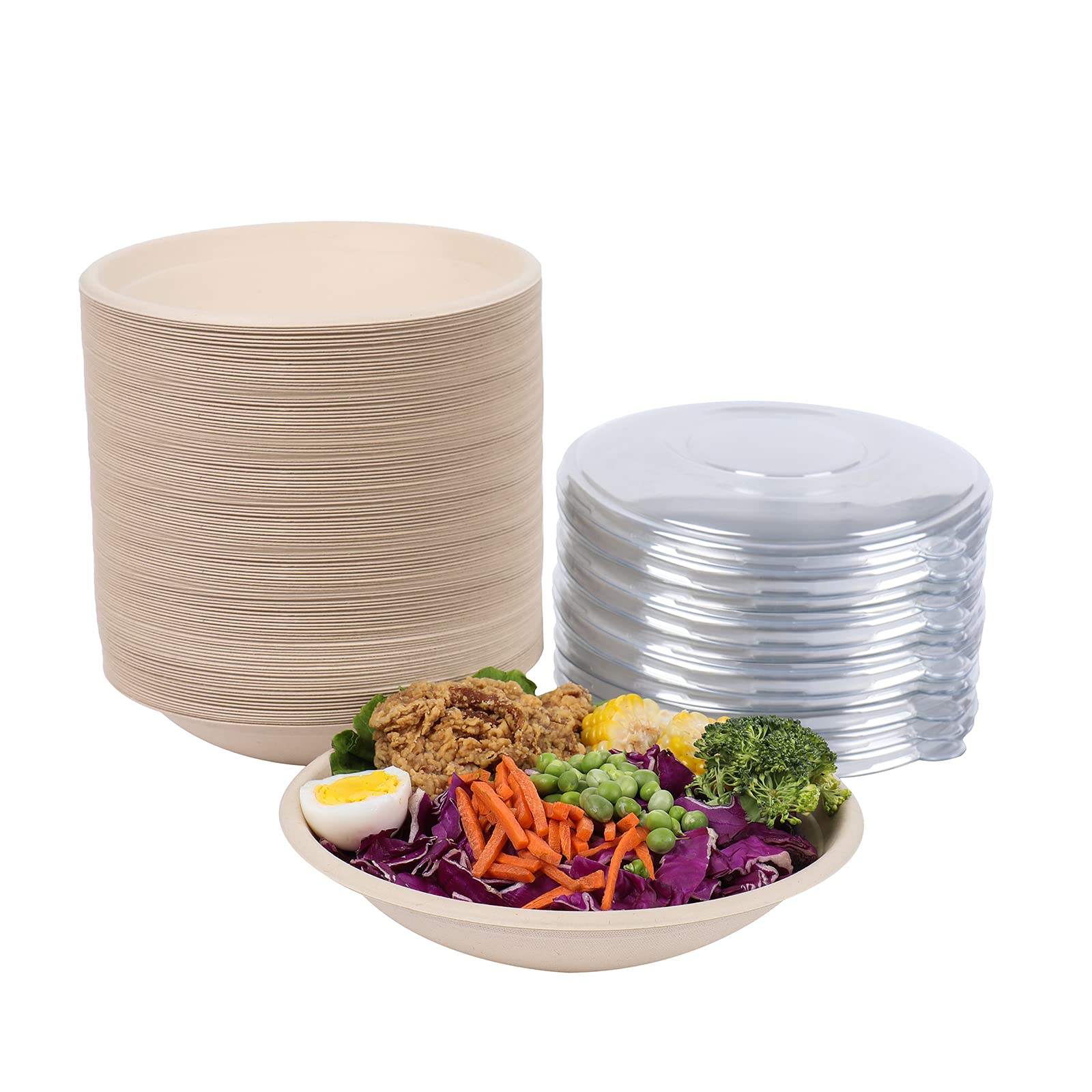 Jayeey 24Oz Round Disposable Bowls With Lids, Sugarcane Fiber Paper Bowls Take Away Food Containers Plant Fibers Freezer Safe 50