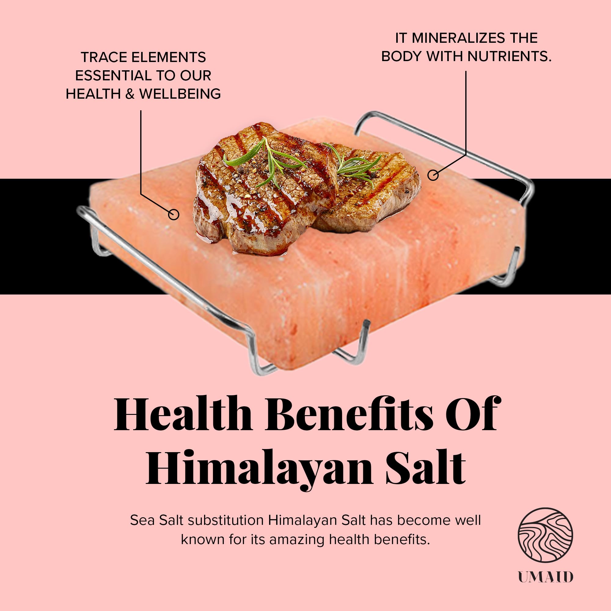 UMAID Himalayan Salt Block For Grilling, Cooking, Cutting and Serving,8X8X1.5 Food Grade Himalayan Pink Salt Stone on Stainless