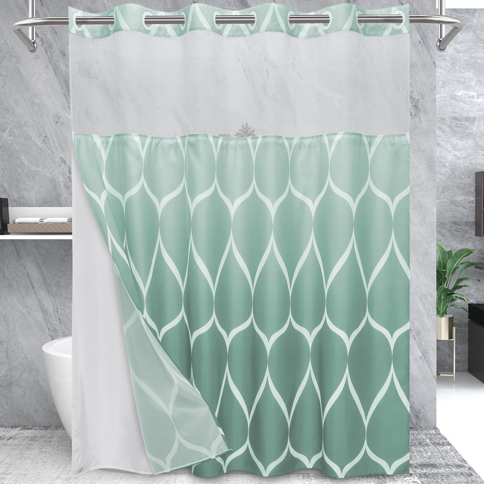 Yiatn No Hook Ombre Teal Shower Curtain With Snap In Fabric Liner Set - Hotel Style With See Through Mesh Top Window, Modern Geo