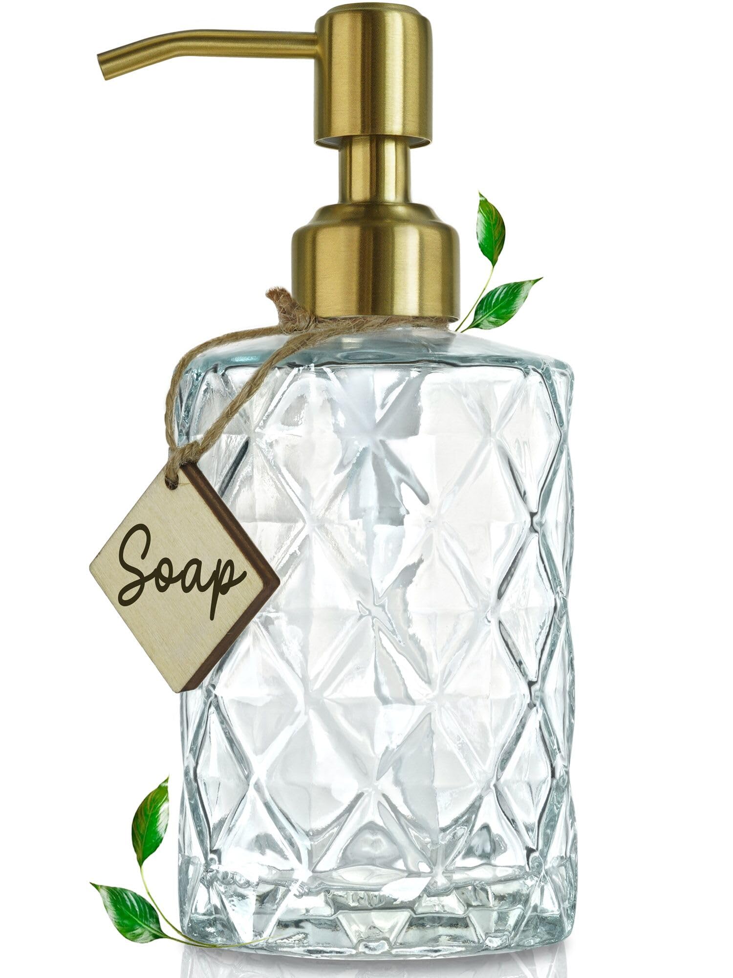 Jasai Diamond Design Glass Soap Dispenser With Golden Pump, Refillable Hand Soap Dispenser For Kitchen, Soap Dispenser Bathroom