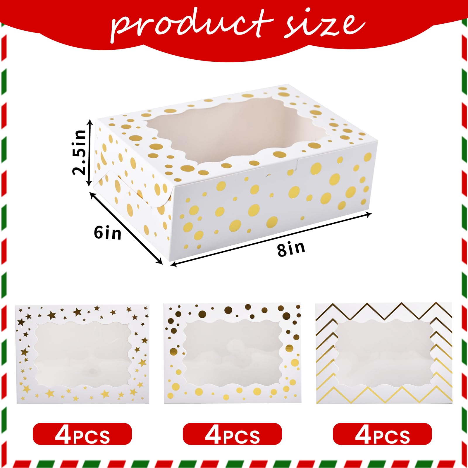 KPOSIYA 12pcs Christmas Cookie Boxes for Gift Giving, 8x6x2.5in White Bakery Boxes with Window for Treat and Pastry,Holiday Smal