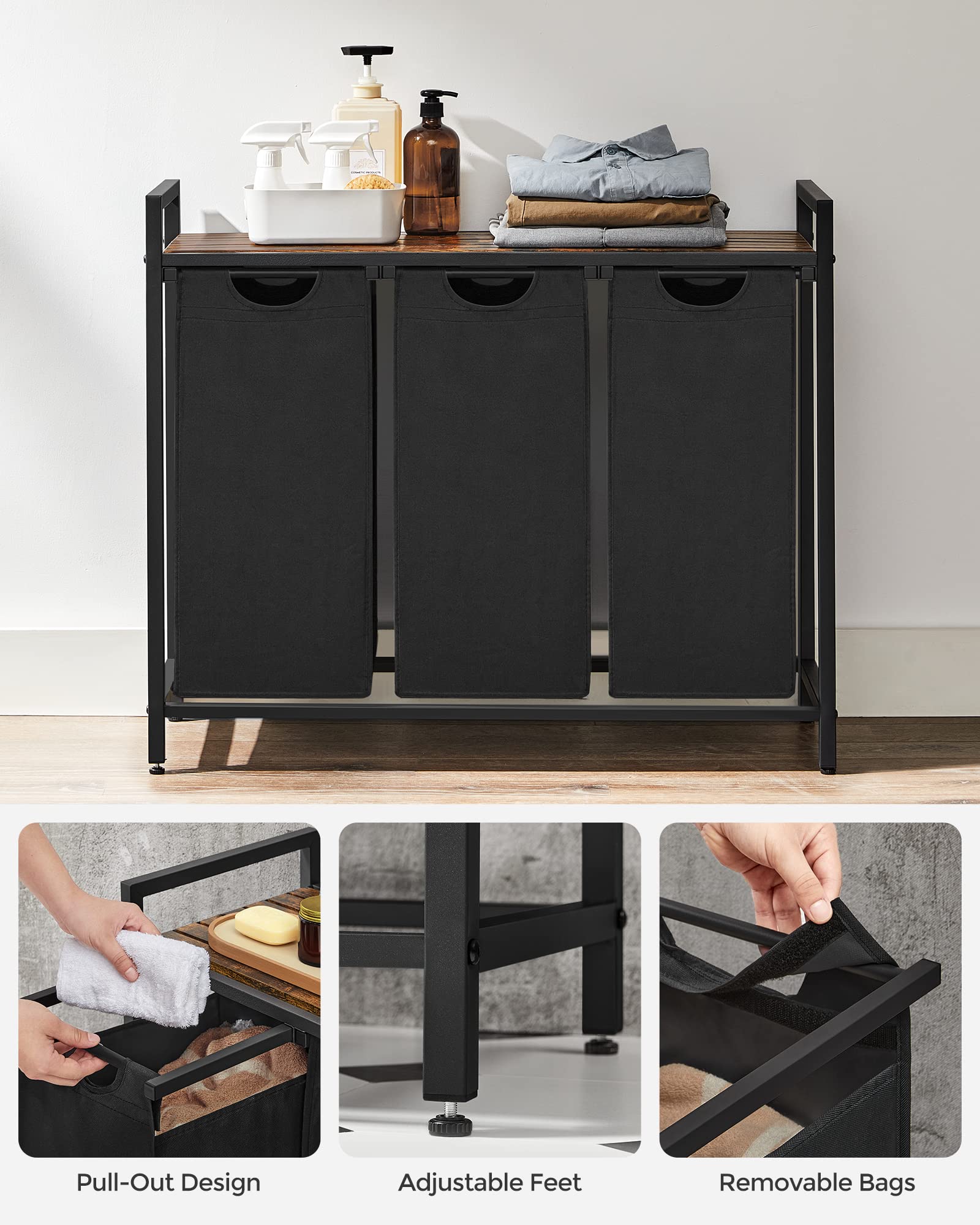 Vasagle Laundry Hamper, Laundry Basket, Laundry Sorter With 3 Pull-Out And Removable Bags, Shelf, Metal Frame, 3 X 10 Gallons (3