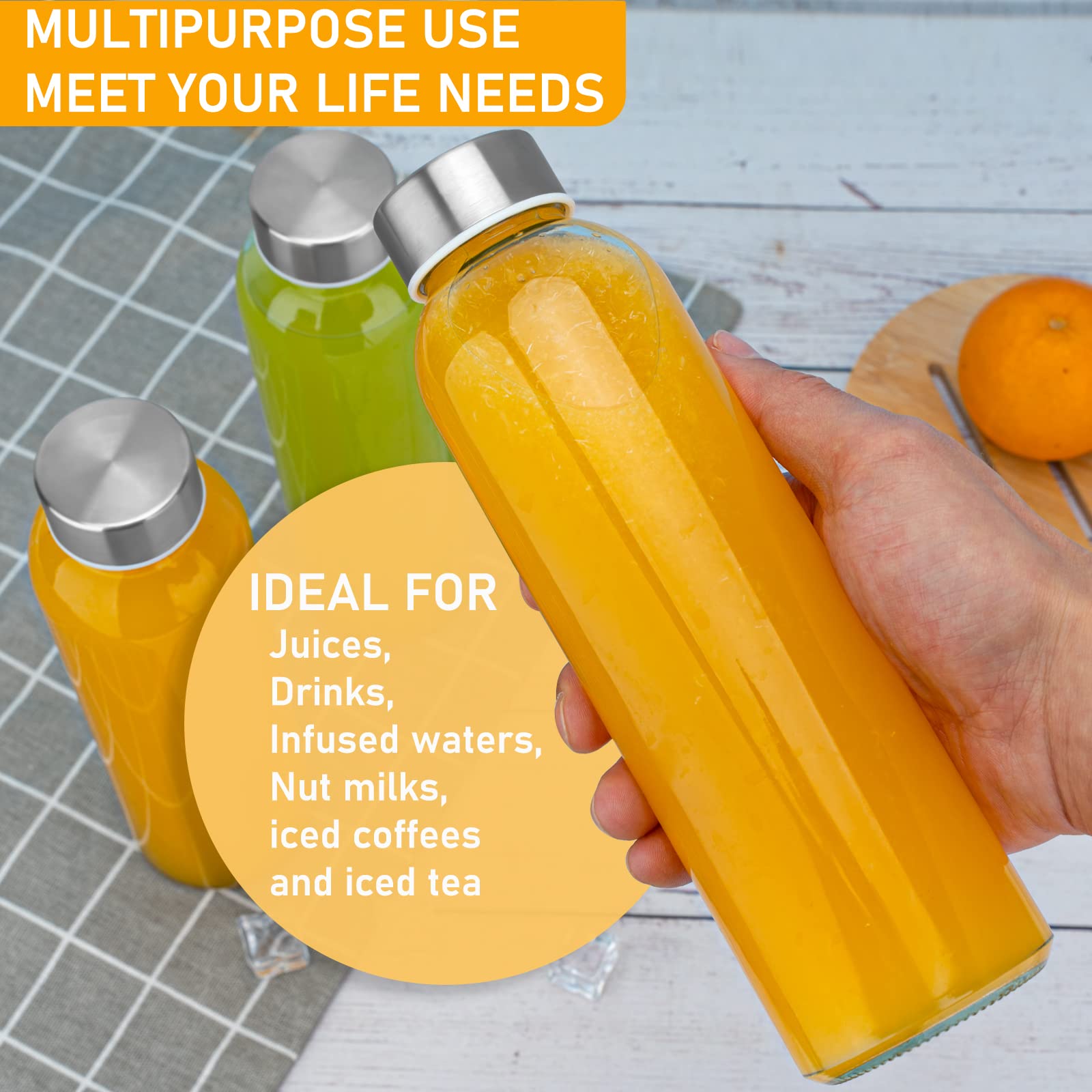 Sursip 18Oz Glass Water Bottle Set Of 6, Clear Glass Juice Bottle For Juicing,Reusable Drinking Bottles With Stainless Steel Lid