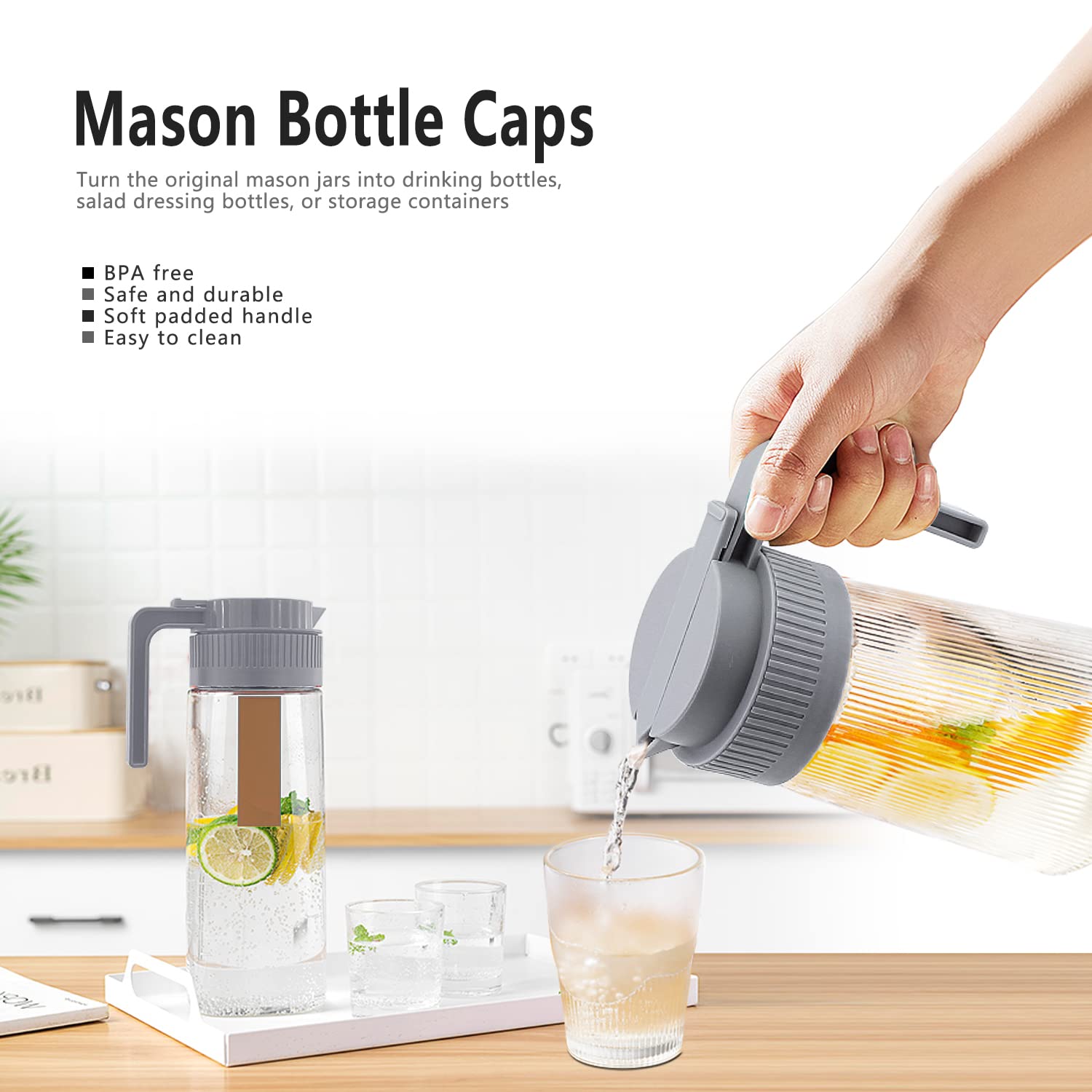 2 Pack Flip Cap Lid With Handle, Sliding Lid & Easy Pour Spout Wide Mouth Mason Jar Lids Reusable, Leak-Proof Seal Spout Mason J