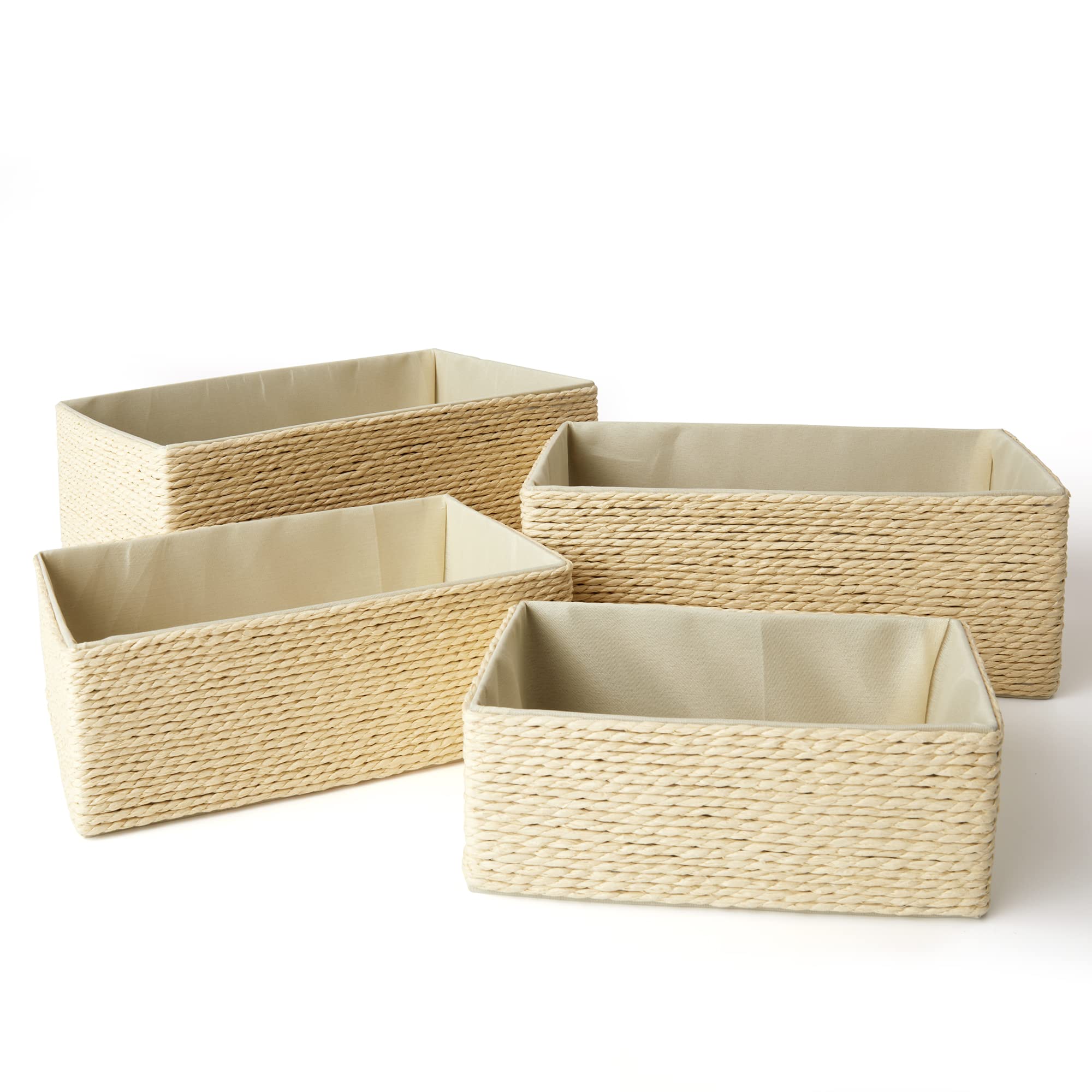 Storage Baskets Set 4 - Stackable Woven Basket Paper Rope Bin, Storage Boxes For Makeup Closet Bathroom Bedroom (Beige)